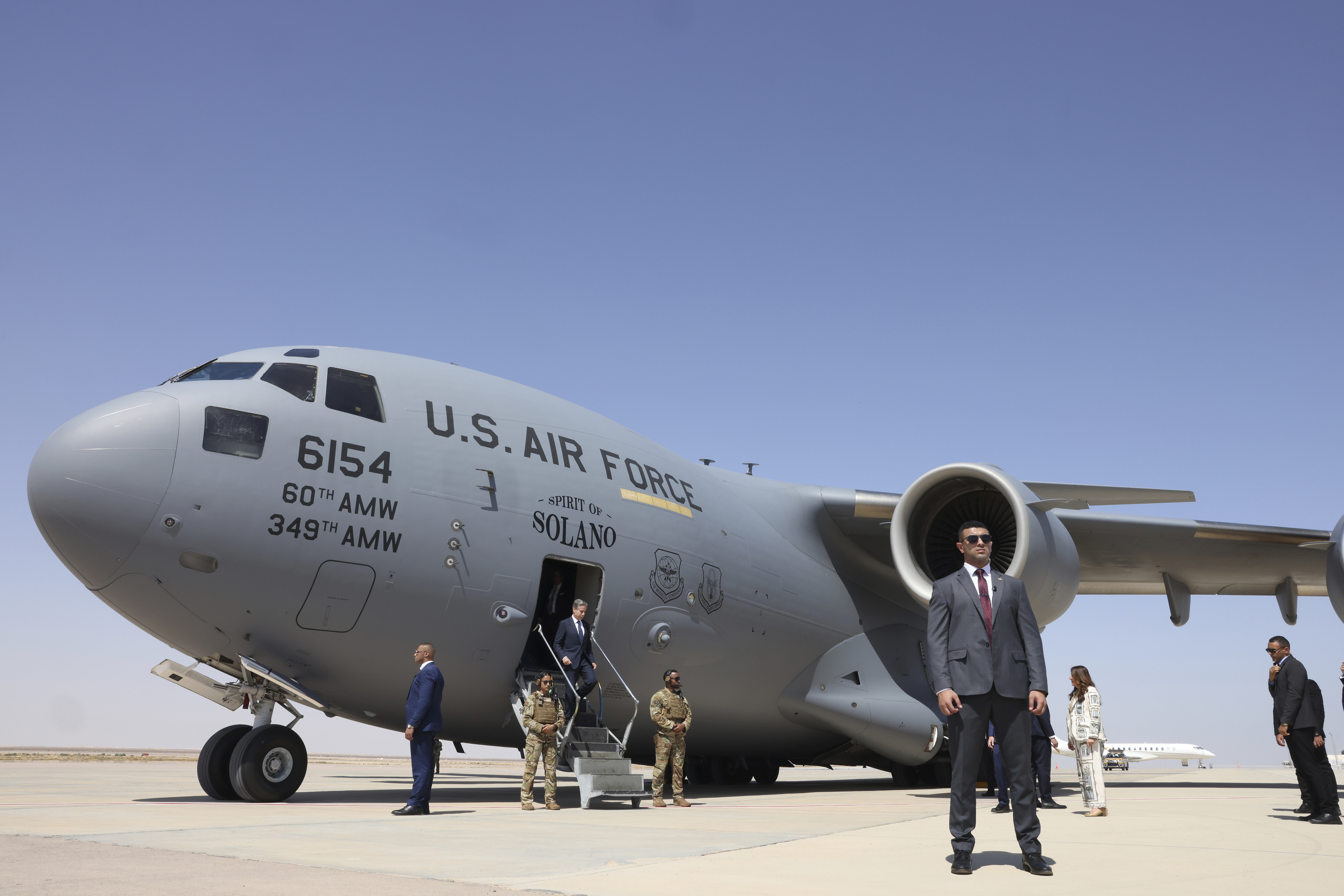 U.S. Secretary of State Antony Blinken deboards an airplane on arrival, at El-Alamein,