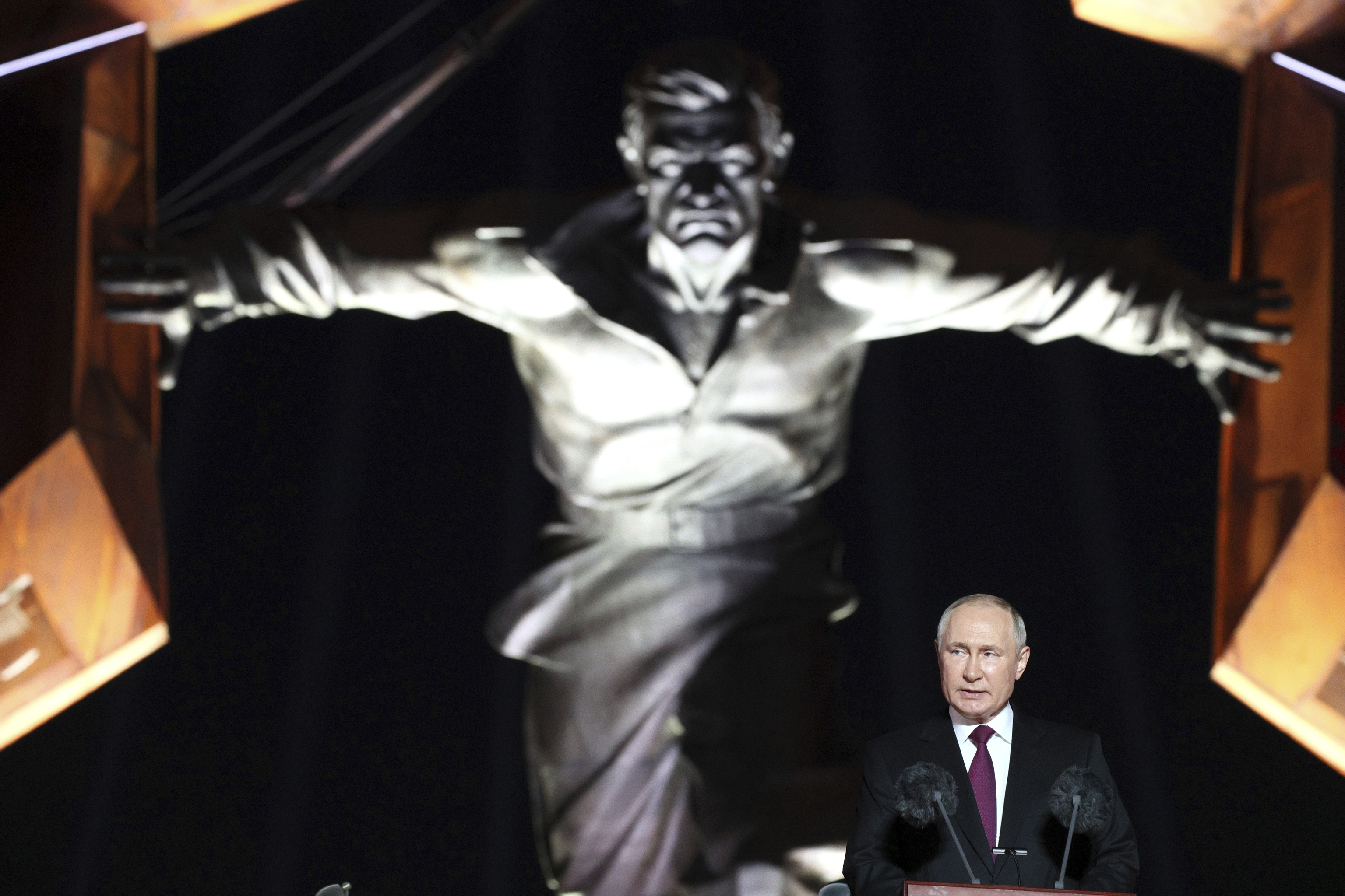 Russian President Vladimir Putin speaks during an event to mark the 80th anniversary of the Battle of Kursk in World War II