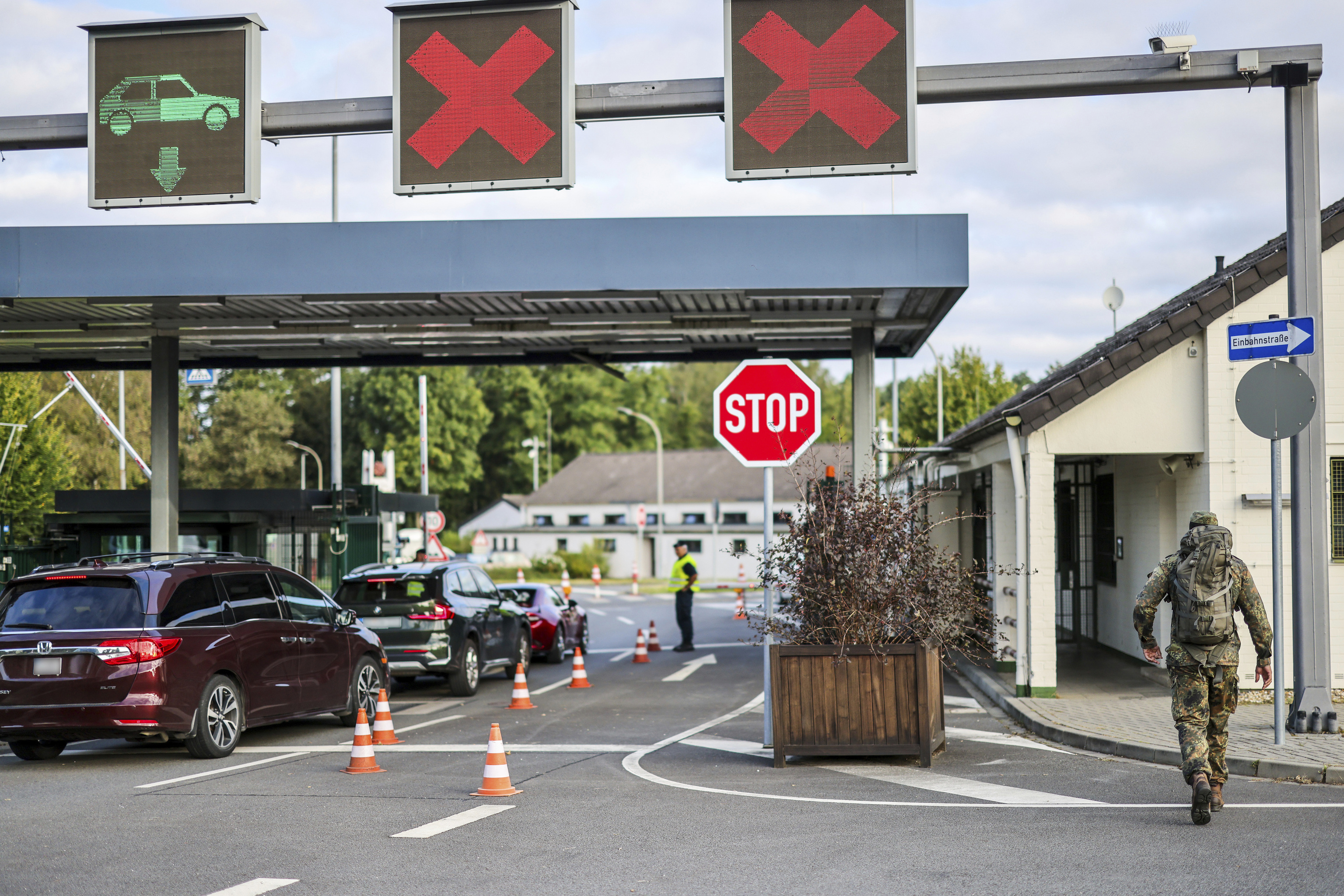 Soldiers check the entrance to the NATO air base, in Geilenkirchen, Germany