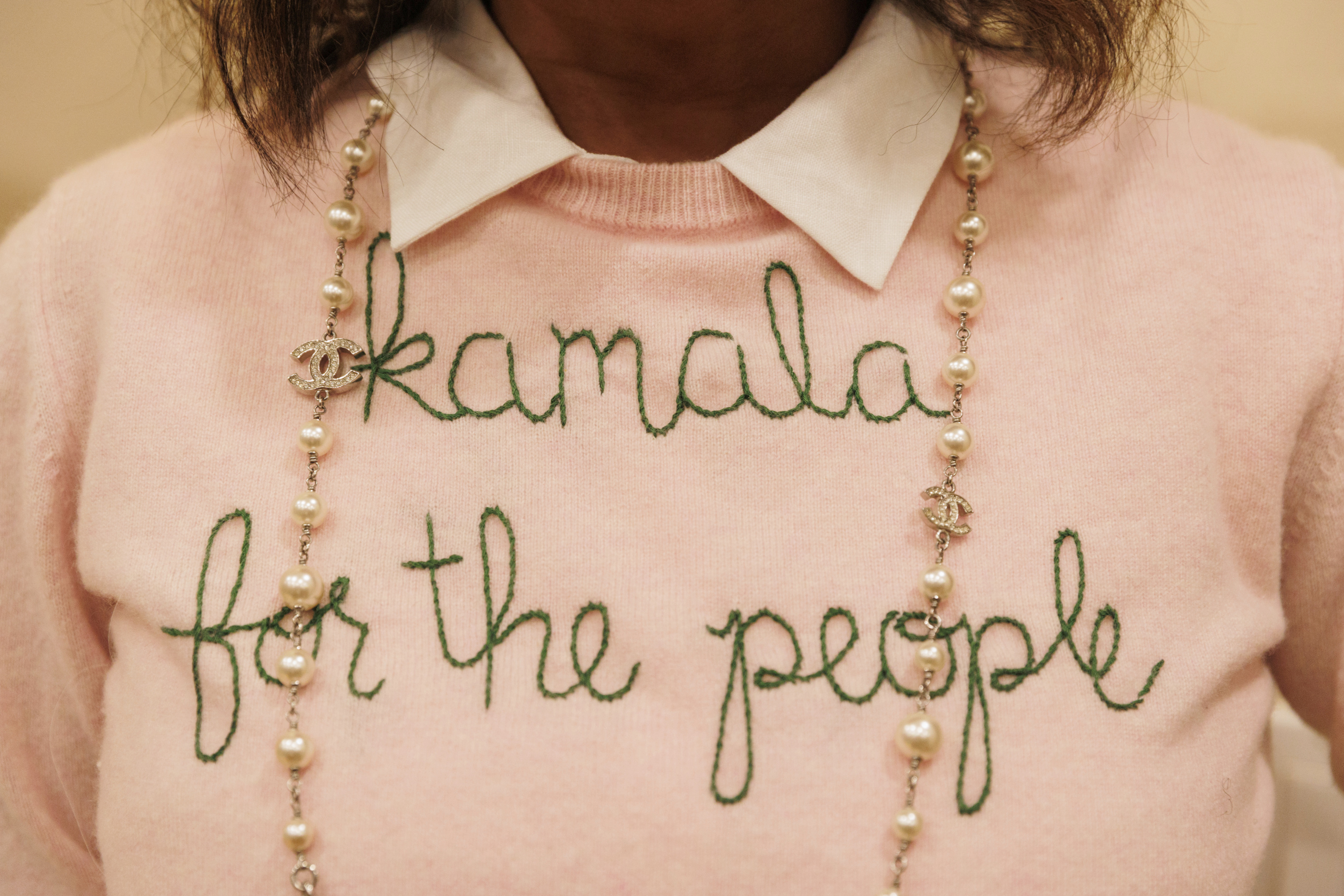 An embroidered "Kamala for the people"