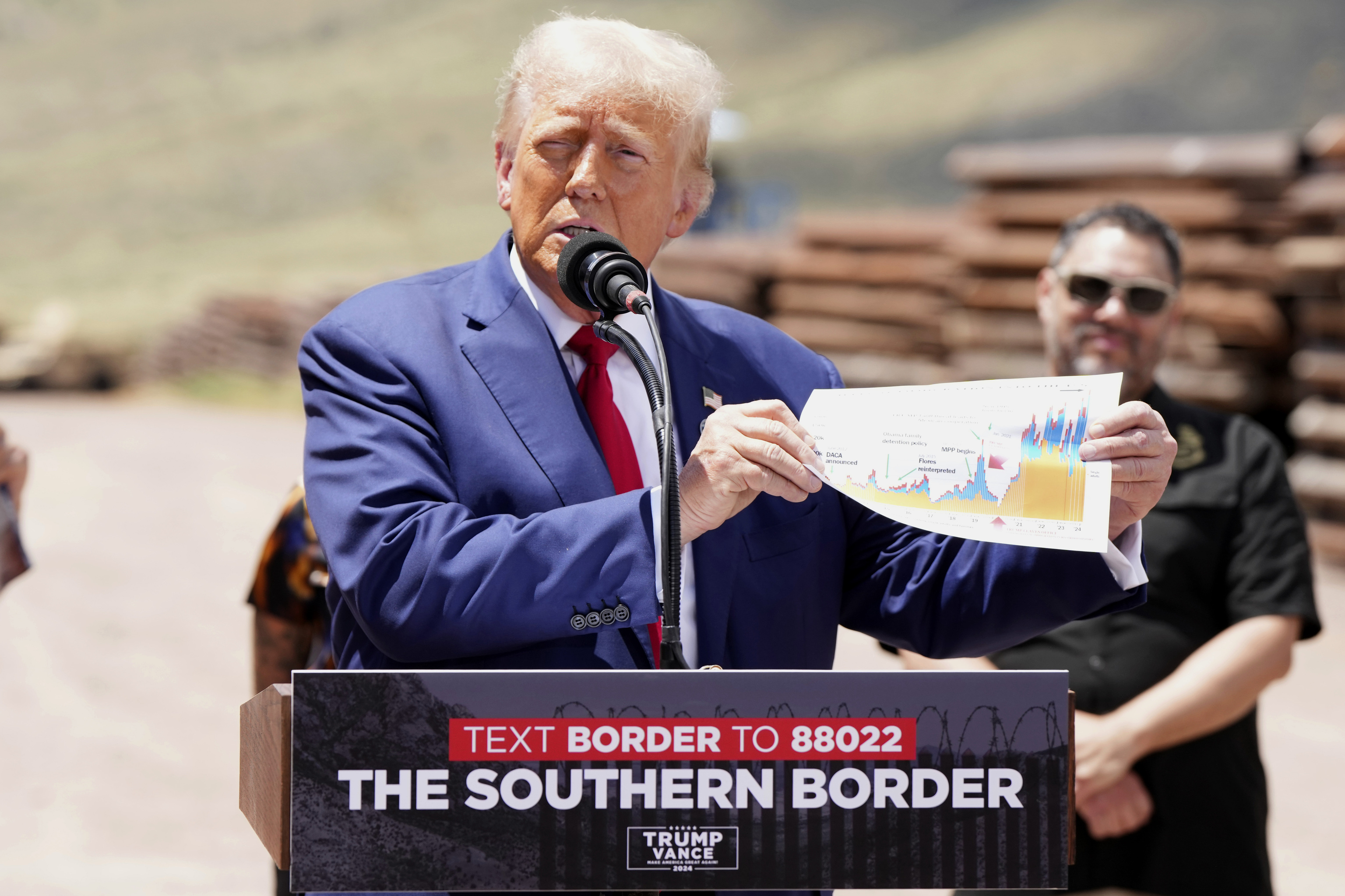 Former President Donald Trump speaks during a campaign event in front of the US-Mexico border