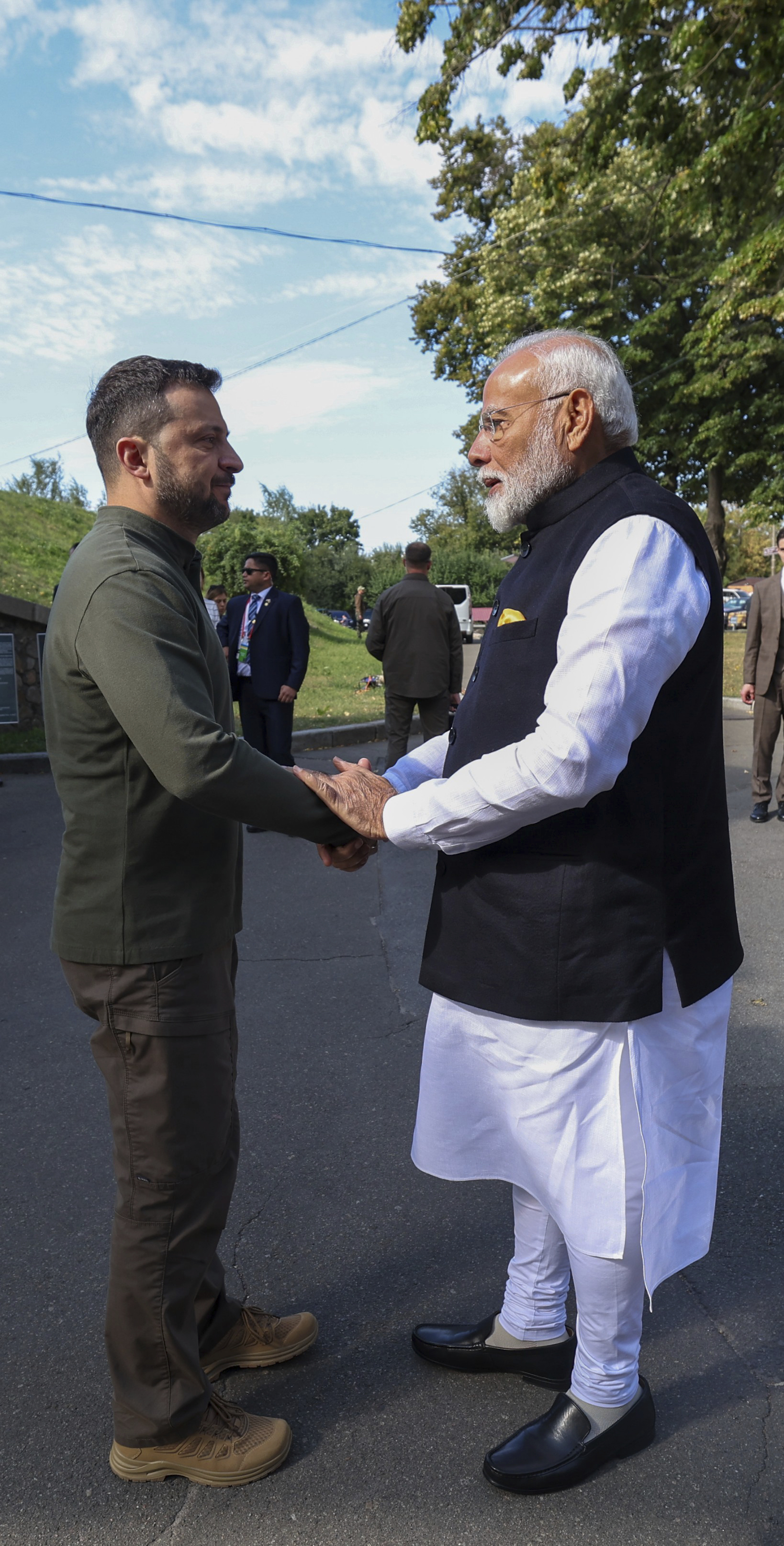 Indian Prime Minister Narendra Modi, right, meeting with Ukrainian President Volodymyr Zelenskyy