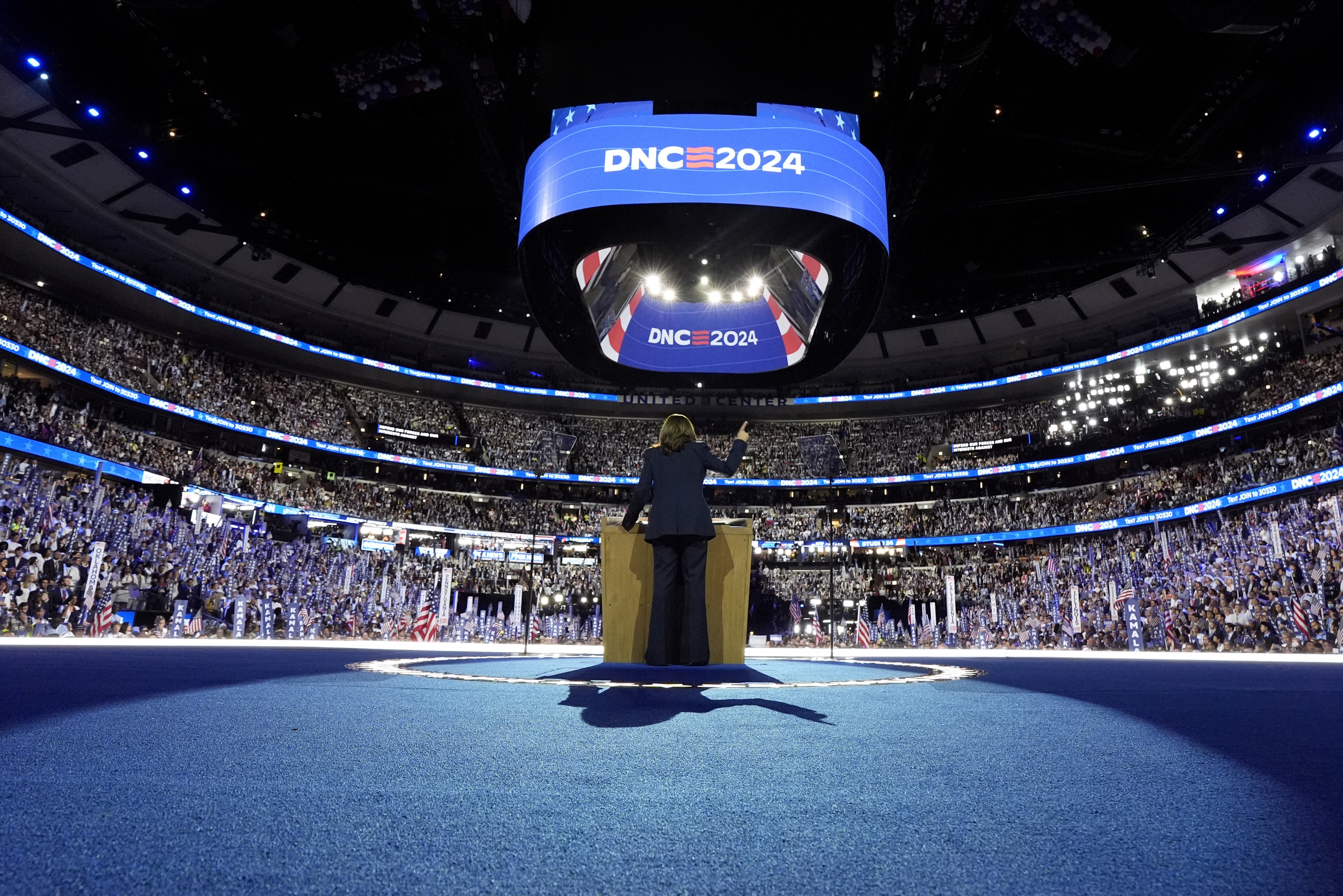 Democratic presidential nominee Vice President Kamala Harris arrives to speak on the final night of the Democratic National Convention