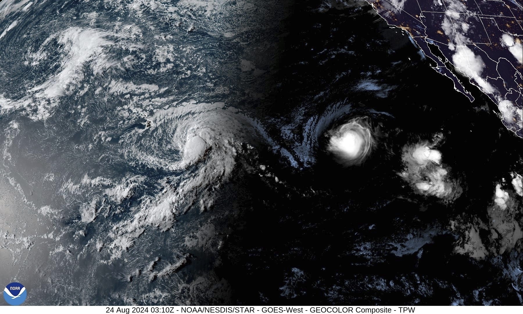 Tropical Storm Hone and Hurricane Gilma located southeast of Hawaii