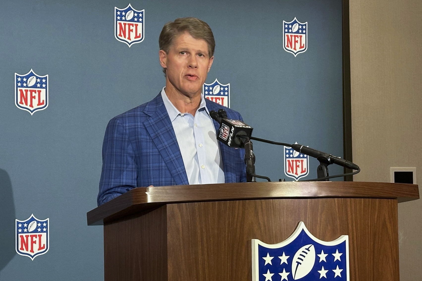 Kansas City Chiefs owner Clark Hunt speaks on behalf of the NFL's special committee