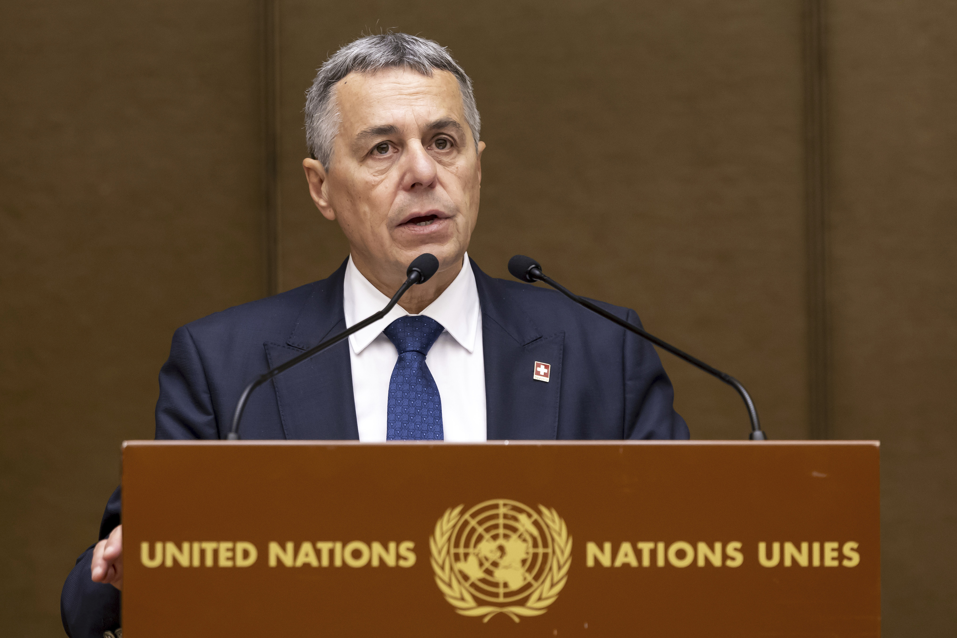 Swiss Foreign Minister Ignazio Cassis delivers his speech to UN Security Council Members, during a visit of UN Security Council Members