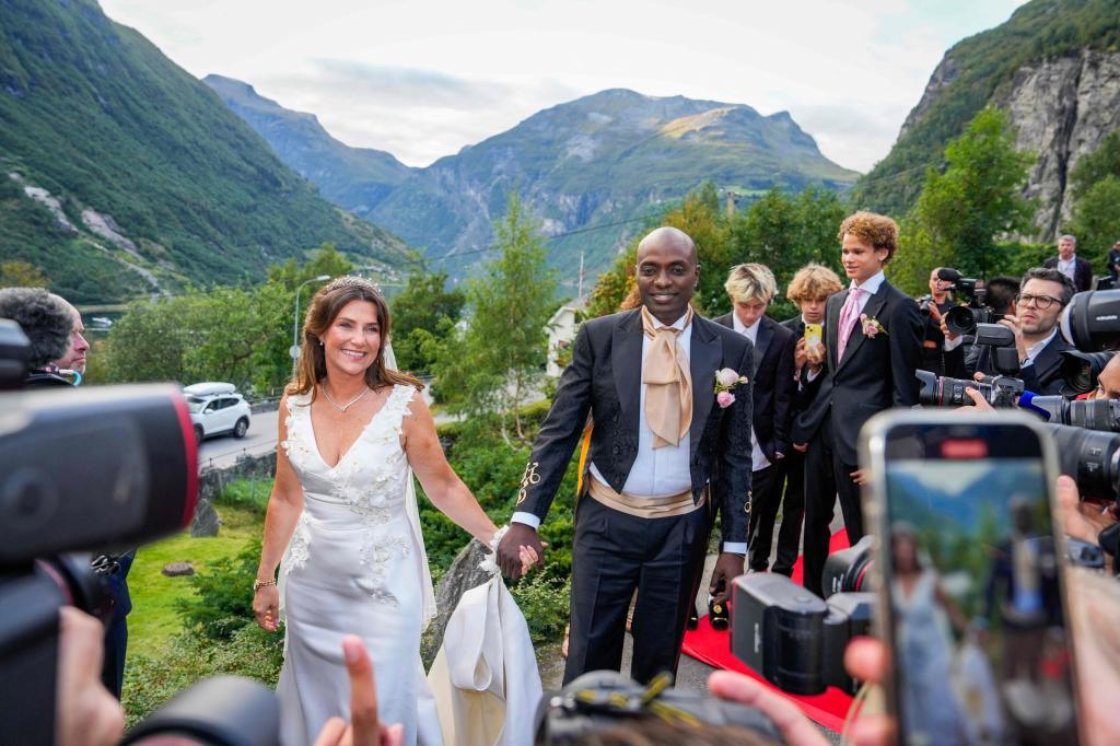 Norway's Princess Martha Louise and D. Verrett arrive for their wedding party.