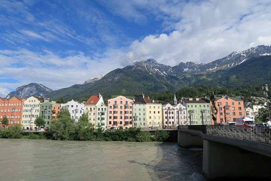 The Alps, from the houses facing the Inn River, in Innsbruck.