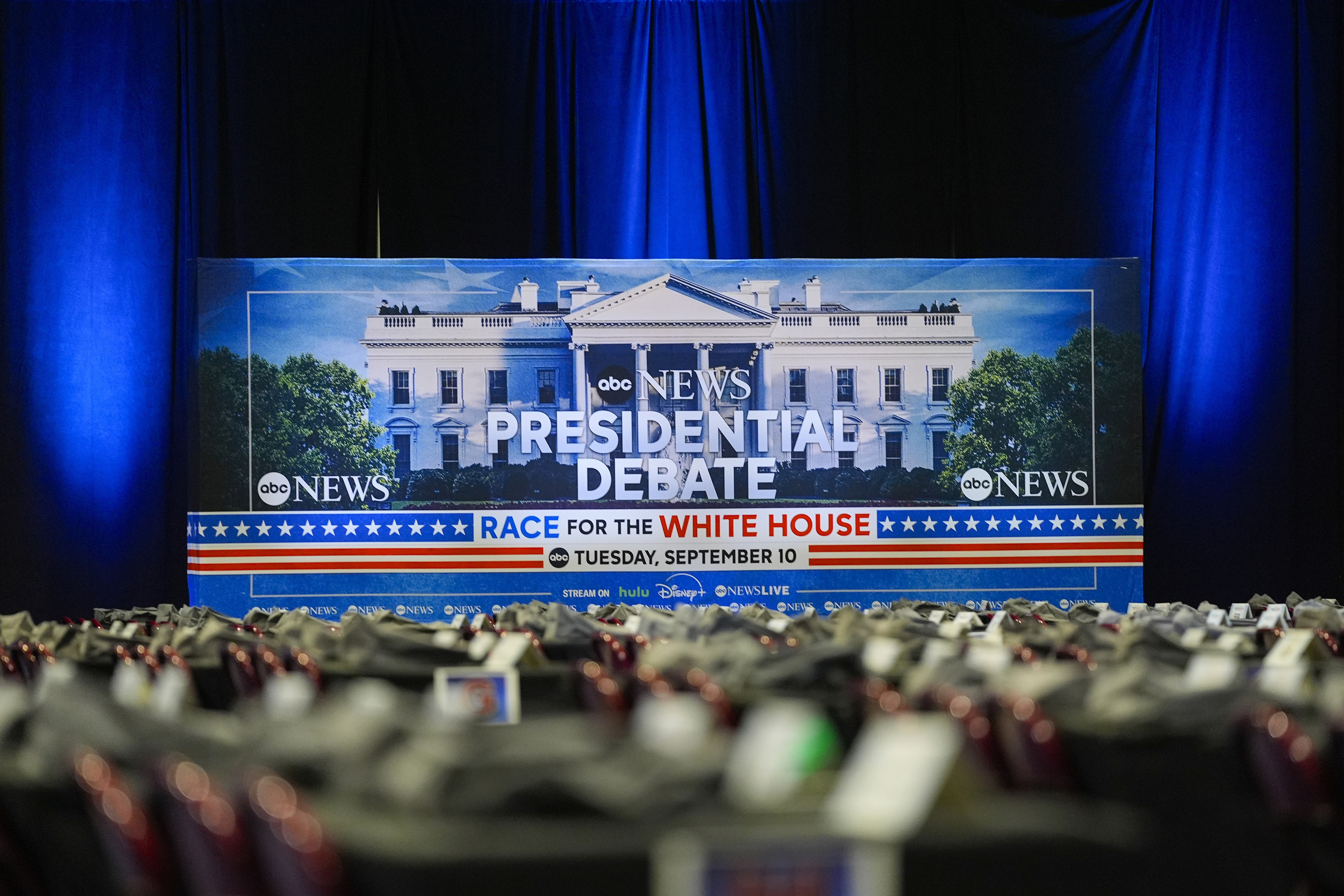 Signage at the media filing center ahead of the presidential debate between Republican presidential candidate former President Donald Trump and Democratic presidential nominee Vice President Kamala Harris,