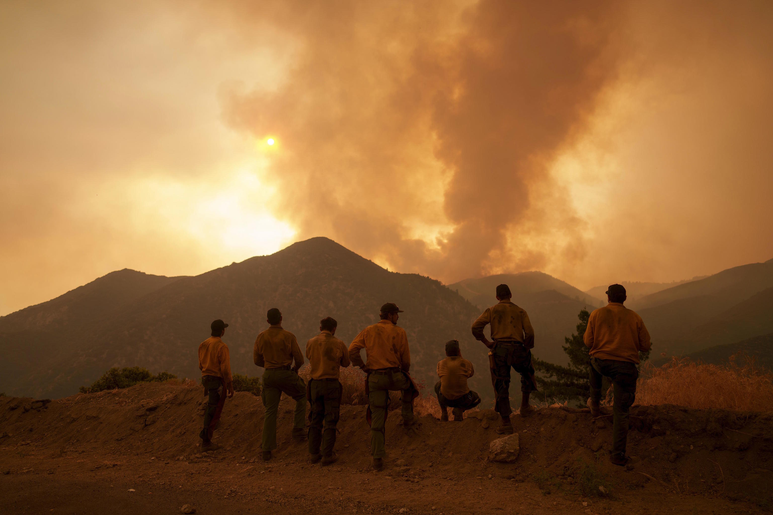 Firefighters monitor the advancing Line Fire in Angelus Oaks, Calif.