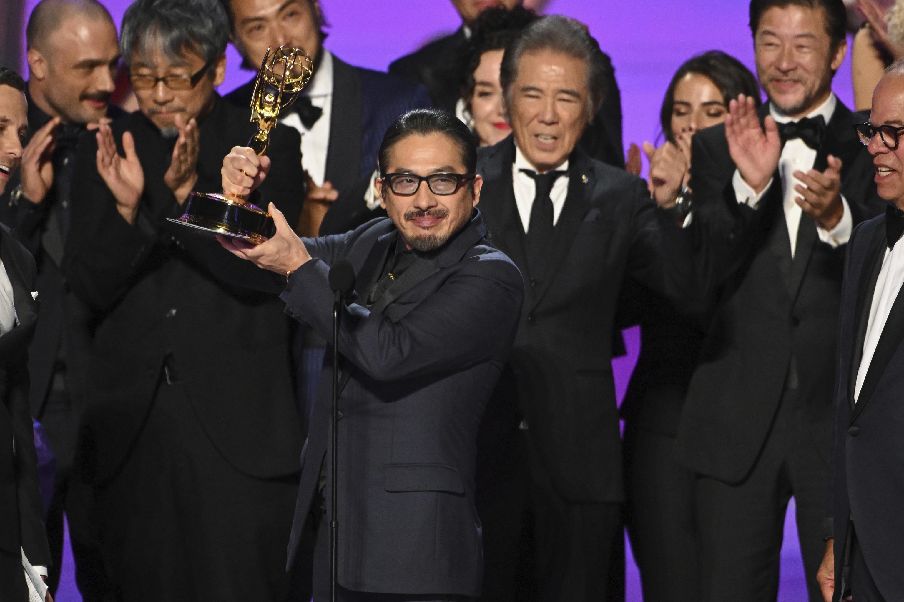 Hiroyuki Sanada (c), and the team from "Shogun" accept the Emmy Award.