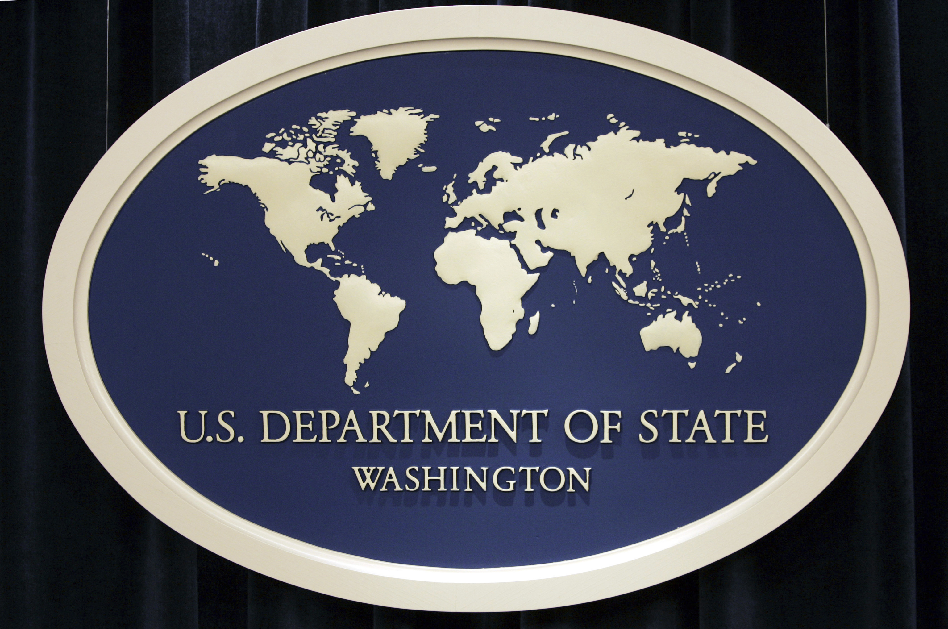 The sign used as the backdrop for press briefings at the U.S. Department of State