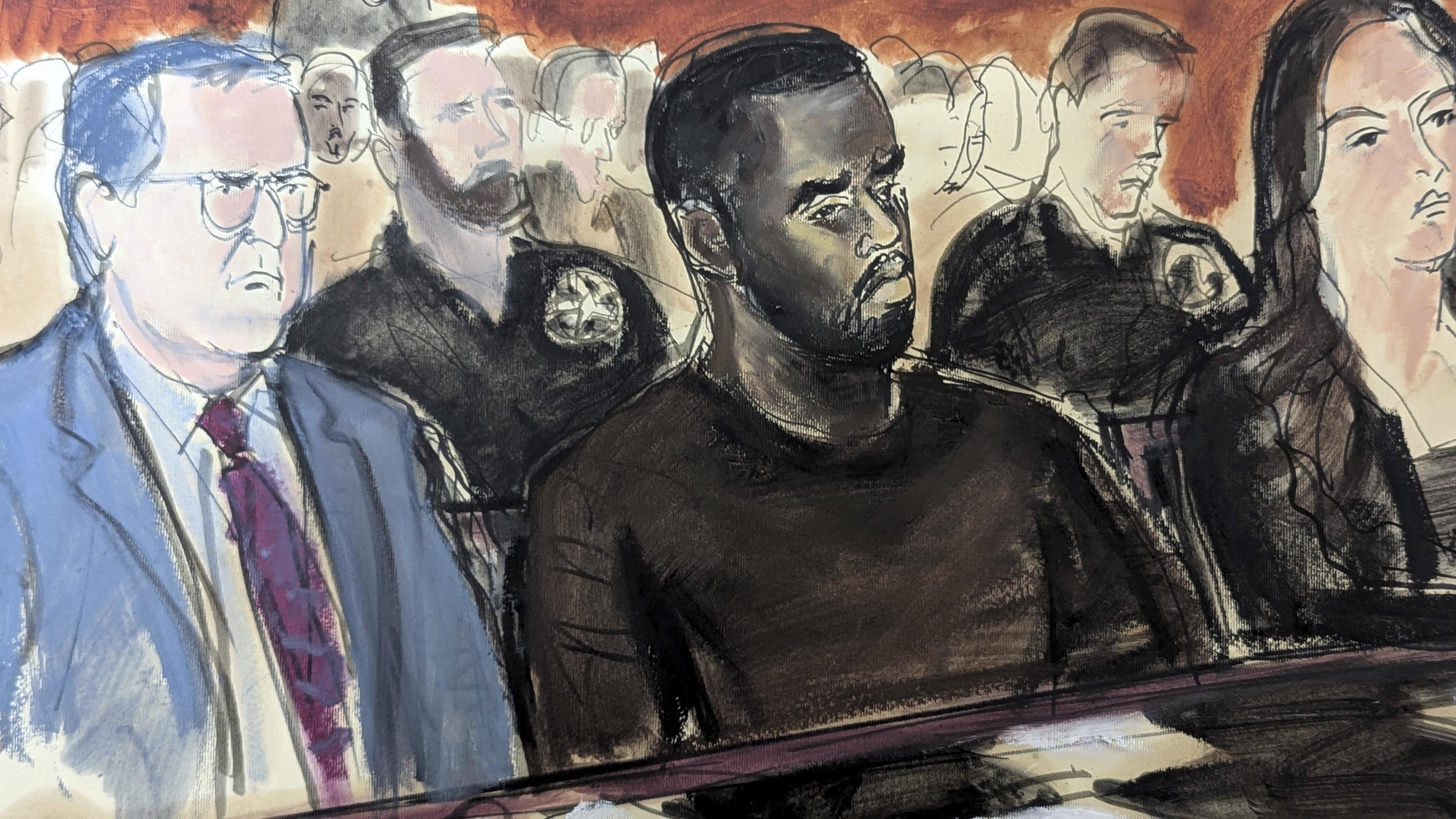 In this courtroom sketch, Sean Combs in Manhattan Federal Court.