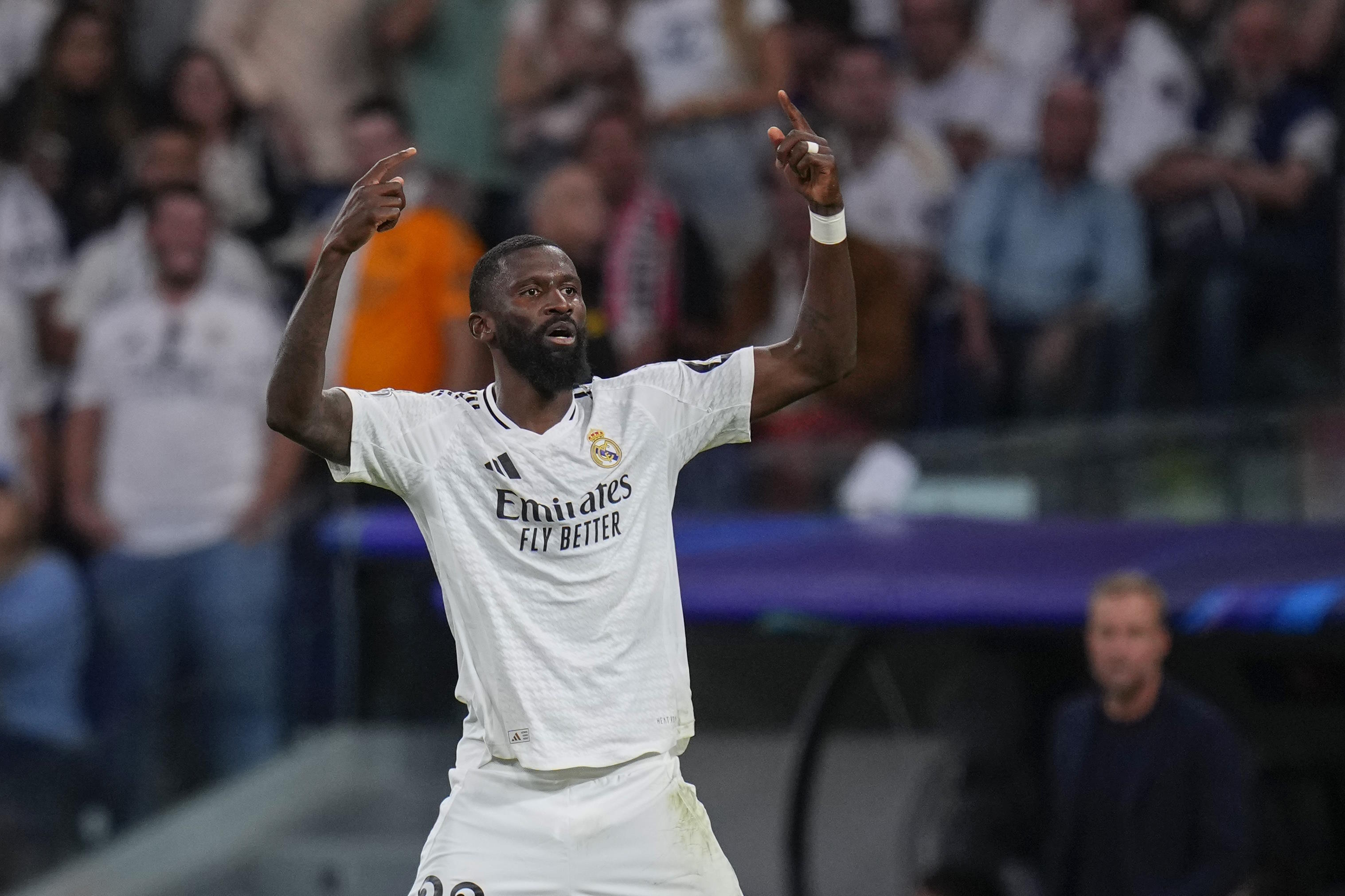 Real Madrid's Rudiger celebrates after scoring his side's second goal.