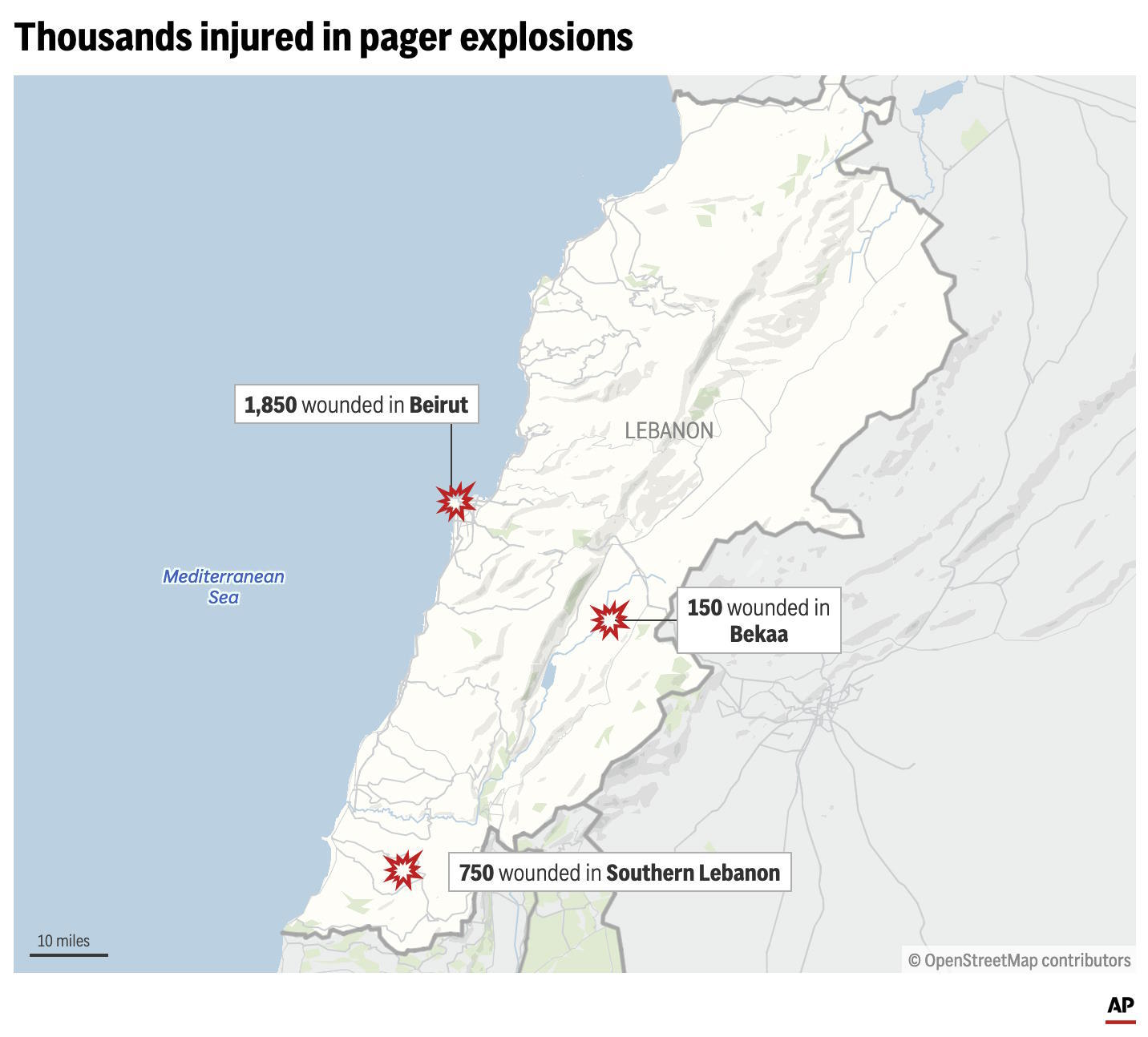 Map shows the number of people wounded by pager explosions in Lebanese cities.