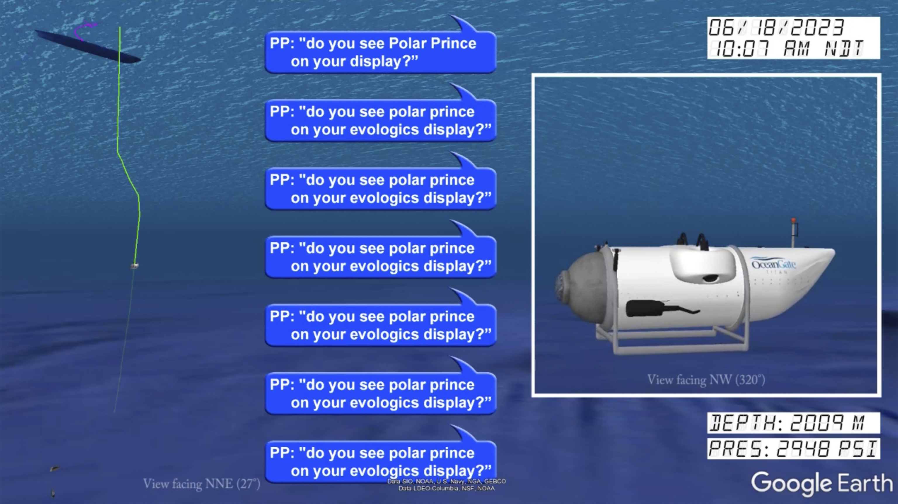 Illustration of the Titan submersible, right, is shown near the ocean floor of the Atlantic Ocean