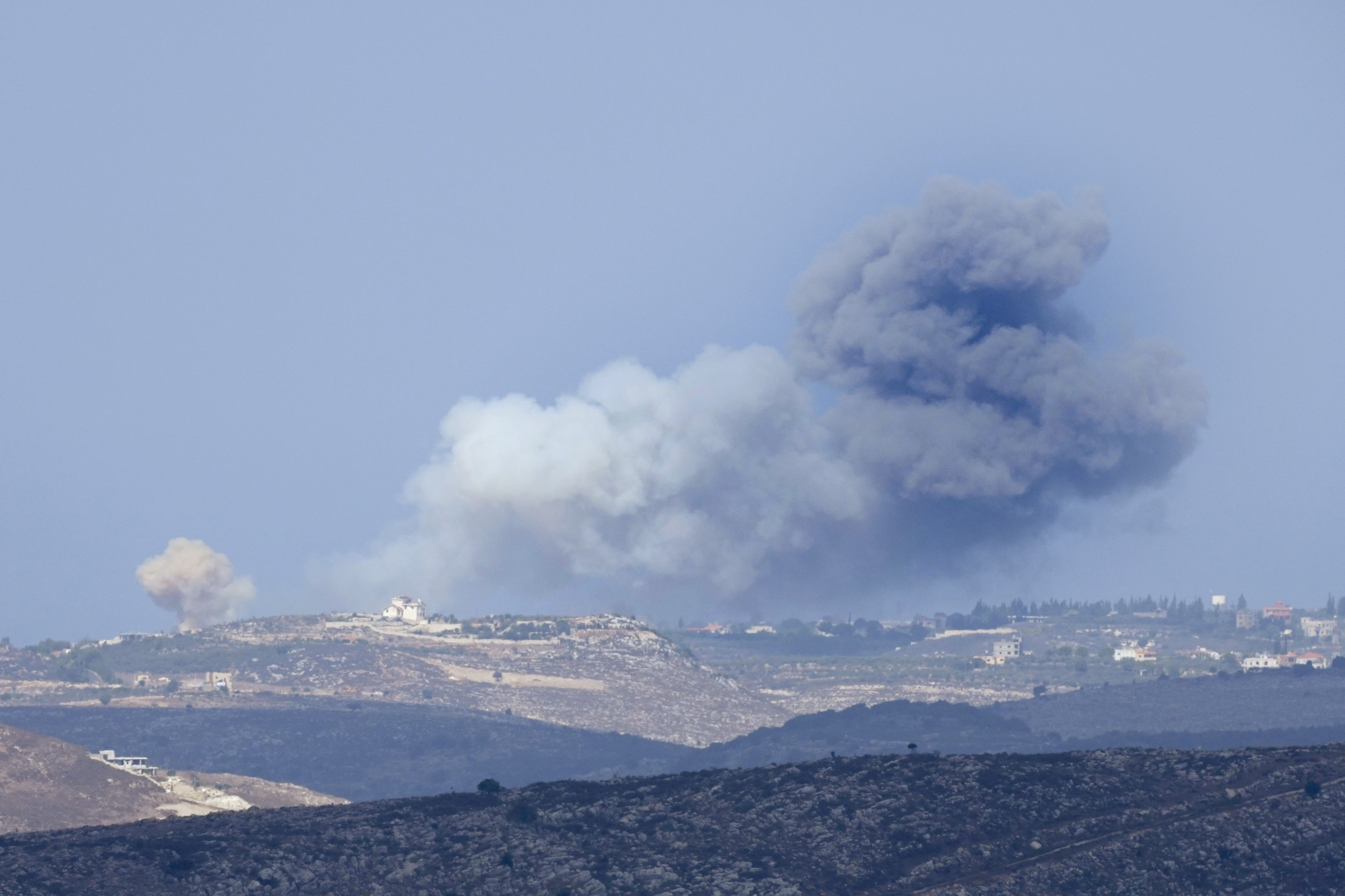 Smoke rises from Israeli airstrikes on villages in the Nabatiyeh district