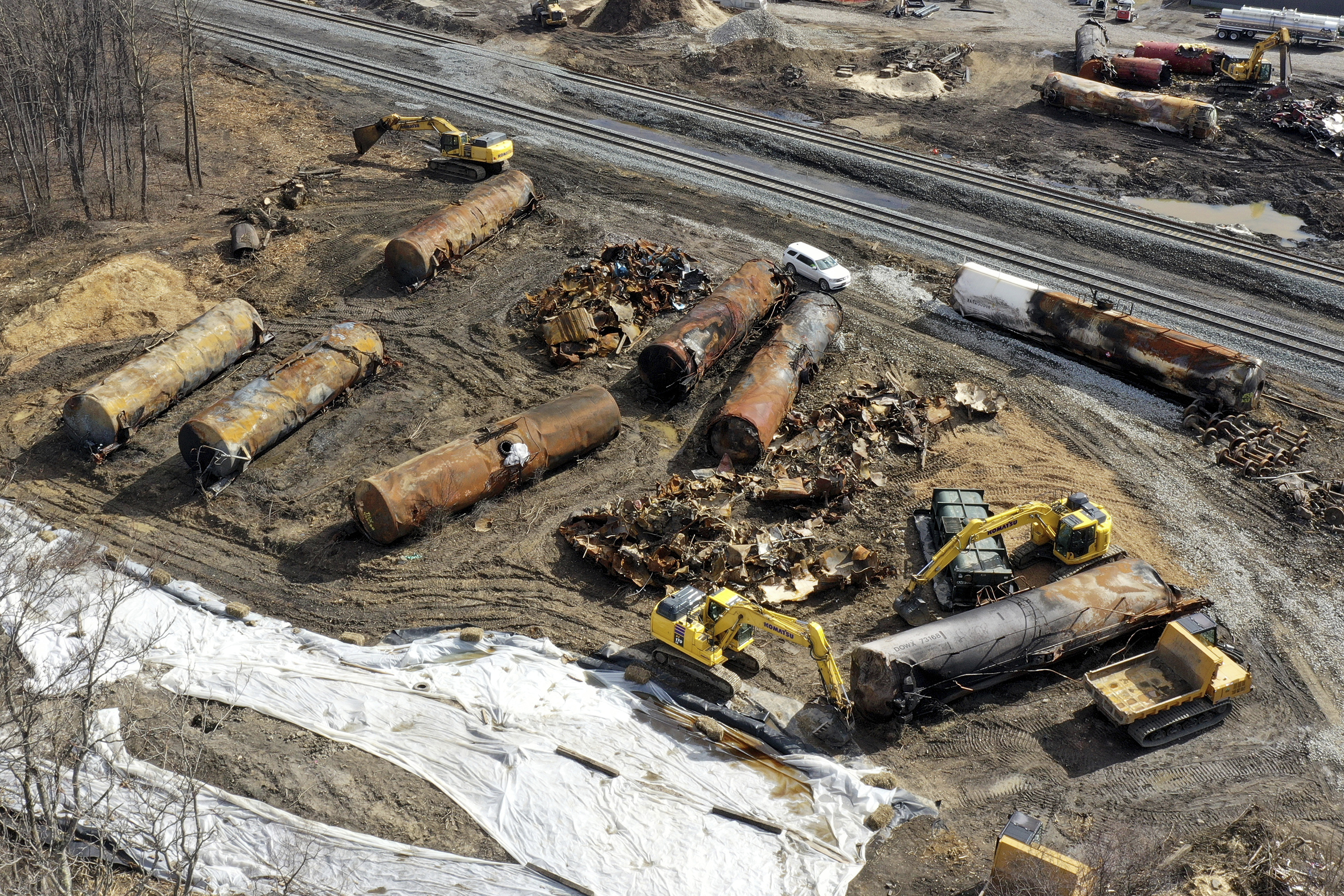 Cleanup continues at the site of a Norfolk Southern freight train derailment that happened on Feb. 3, in East Palestine, Ohio