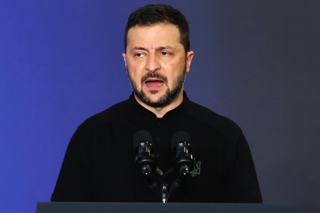 Zelensky, President of Ukraine, speaks during an event with world leaders.