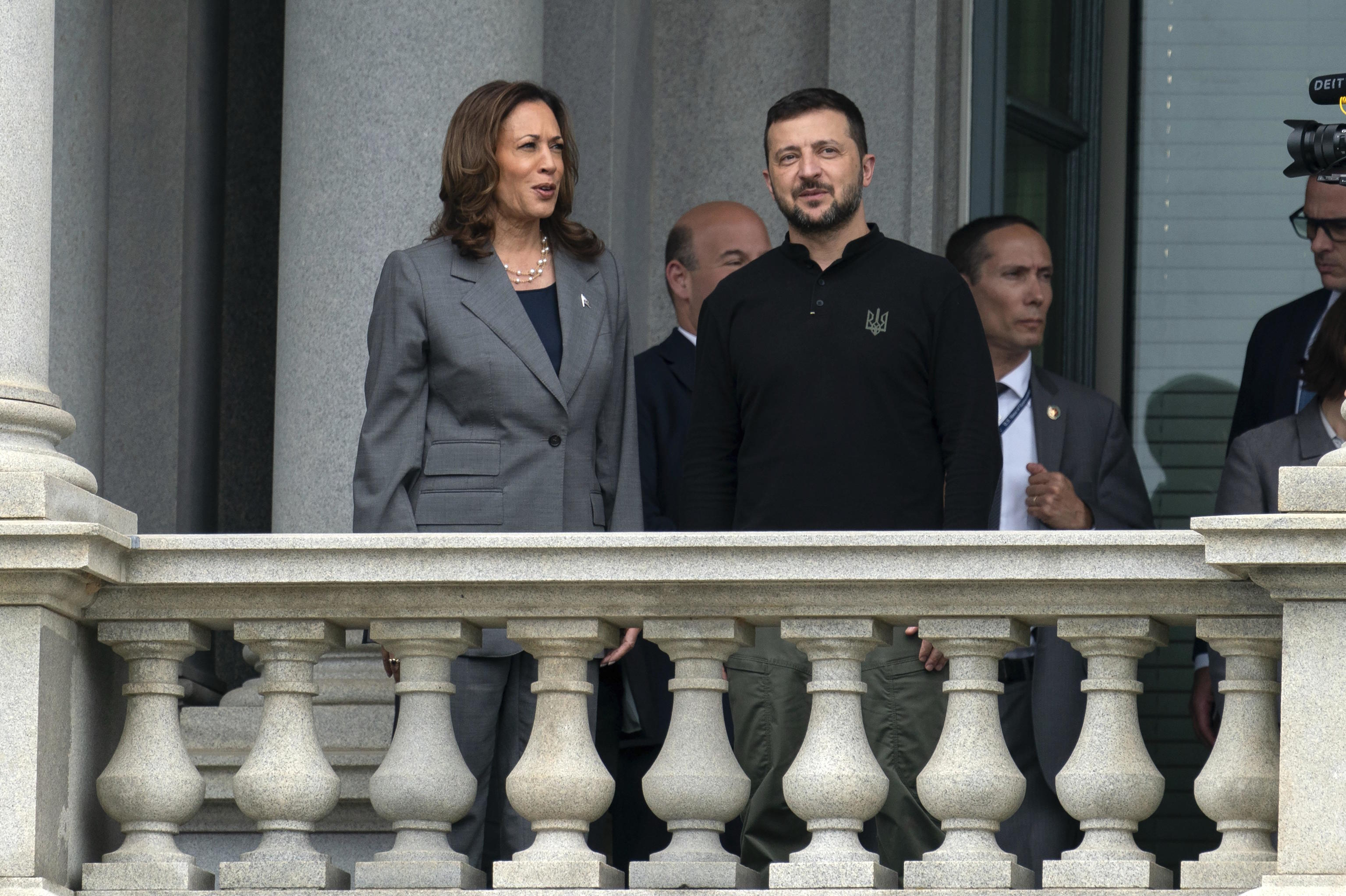 Kamala Harris accompanied by Ukraine's President Volodymyr Zelenskyy.