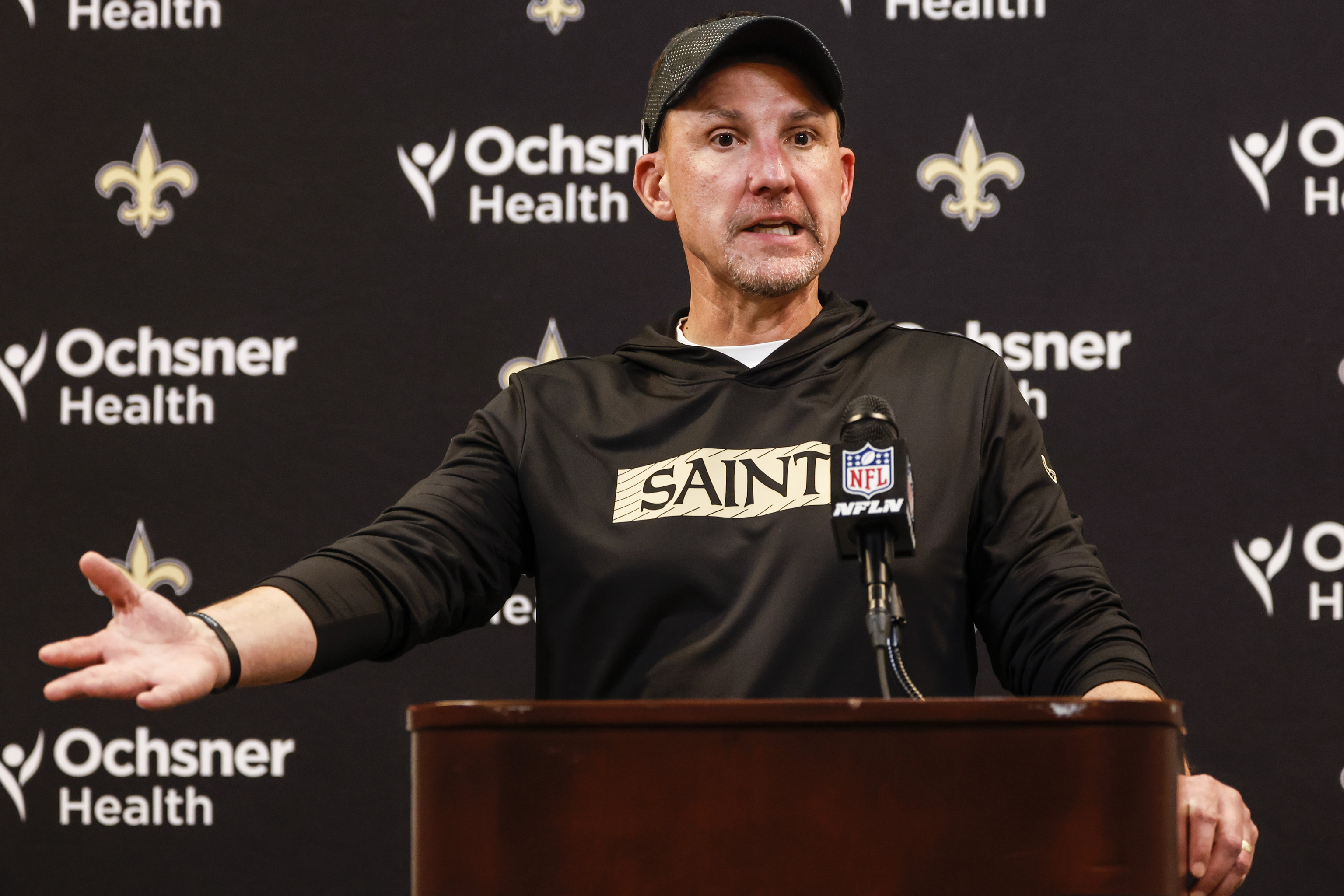 New Orleans Saints head coach Dennis Allen speaks after an NFL football game.