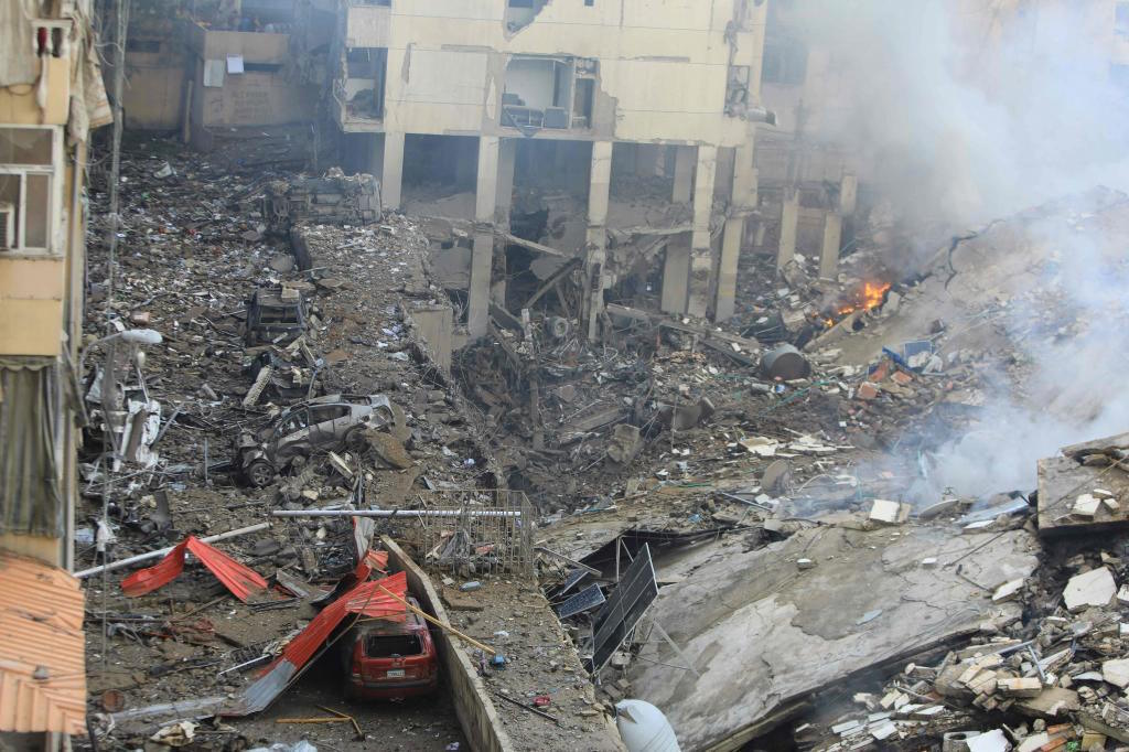 A collapsed building in an attack in the suburbs of Beirut.