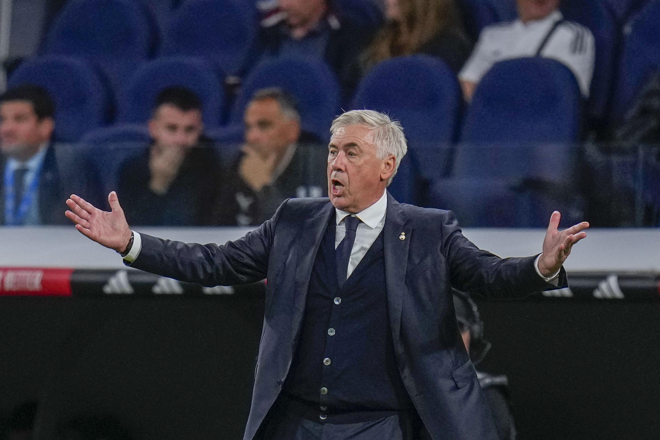 Real Madrid's head coach Carlo Ancelotti reacts.