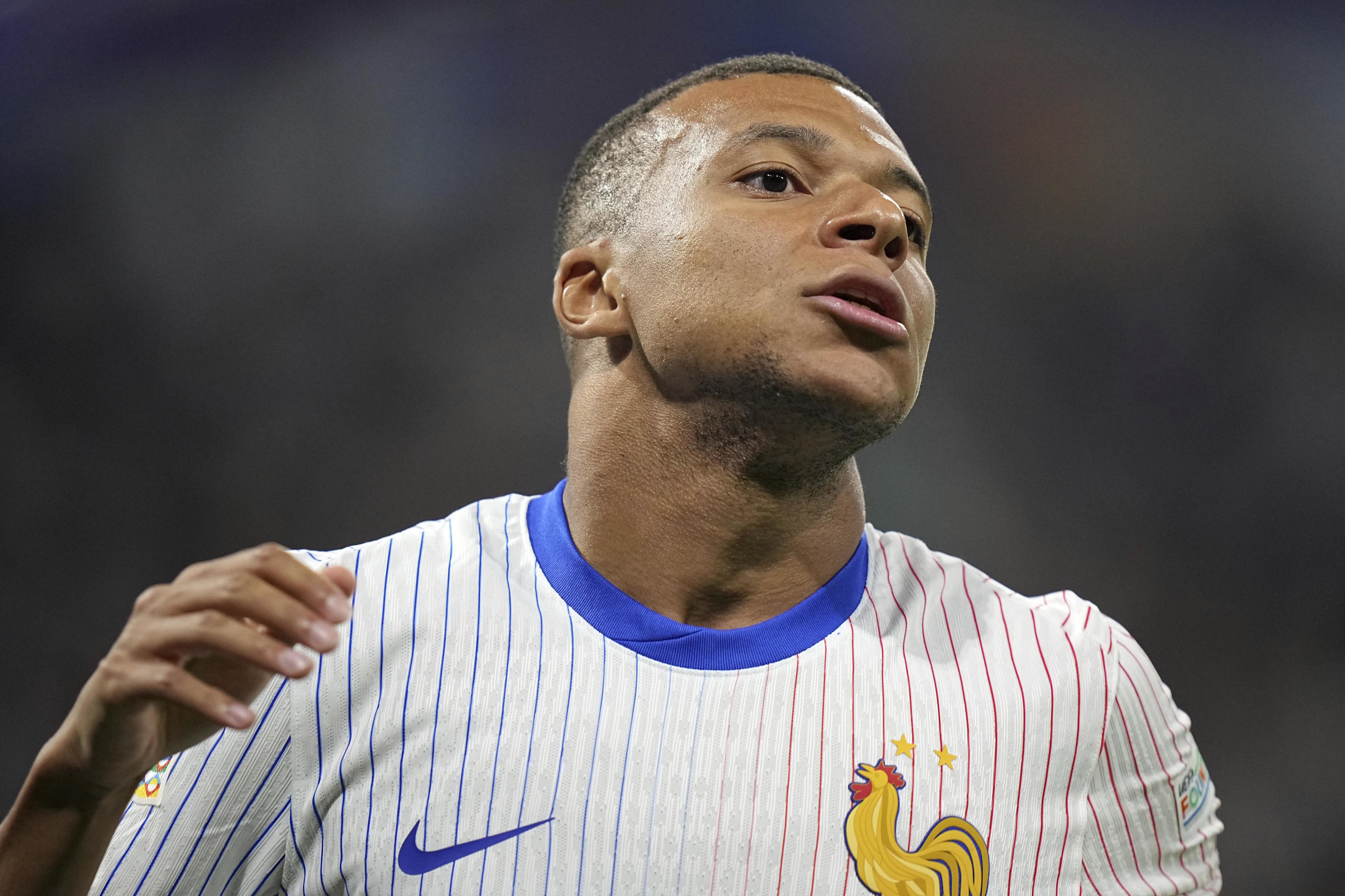 France's Mbappe reacts during the UEFA Nations League soccer match.