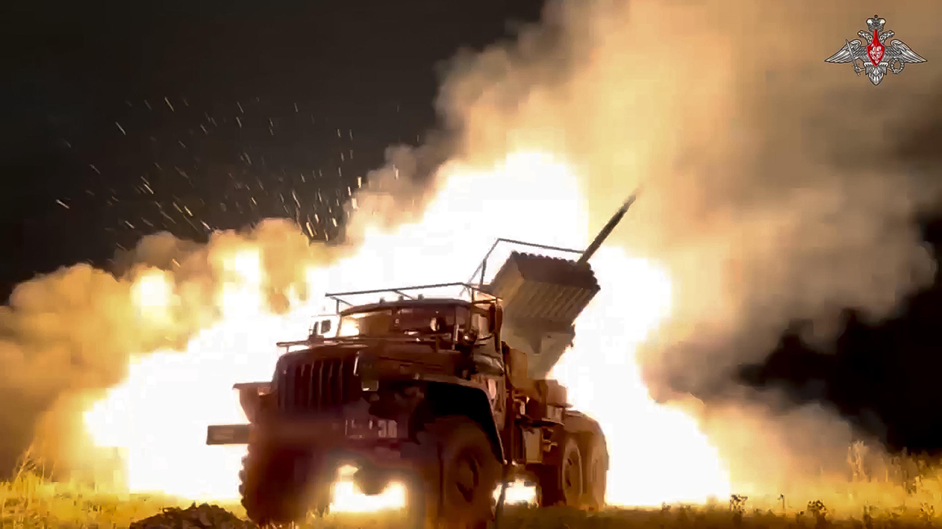 Russian Army's multiple rocket launcher fires rockets.