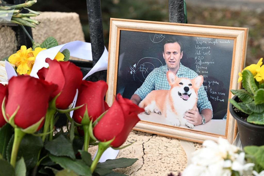 Floral tributes, portraits of late Russian opposition leader Alexei Navalny.