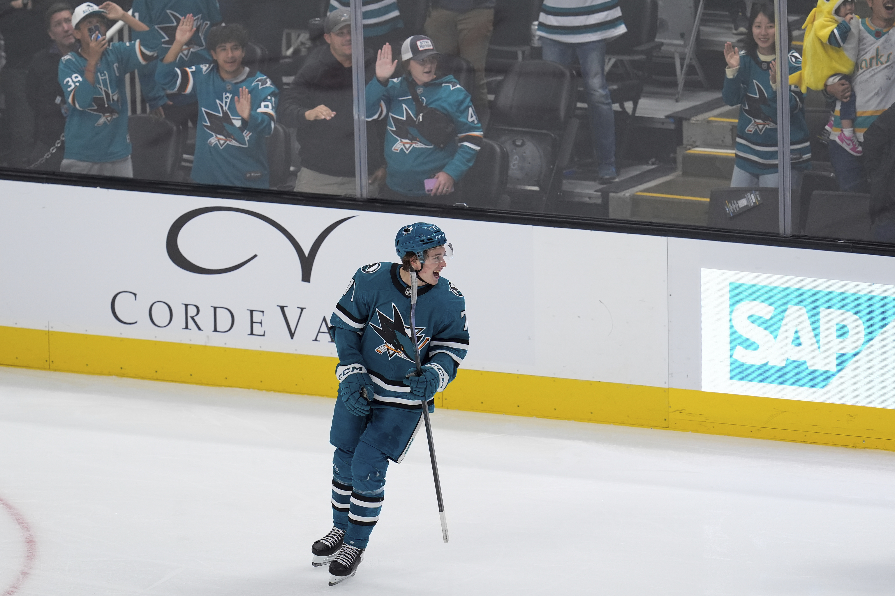 San Jose Sharks center Macklin Celebrini skates on the ice after his goal