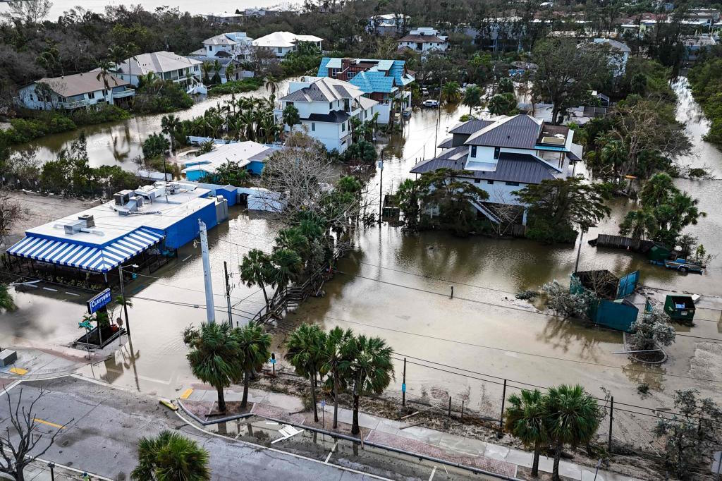 Flooded street due to Hurricane Milton in Siesta Key, Florida.