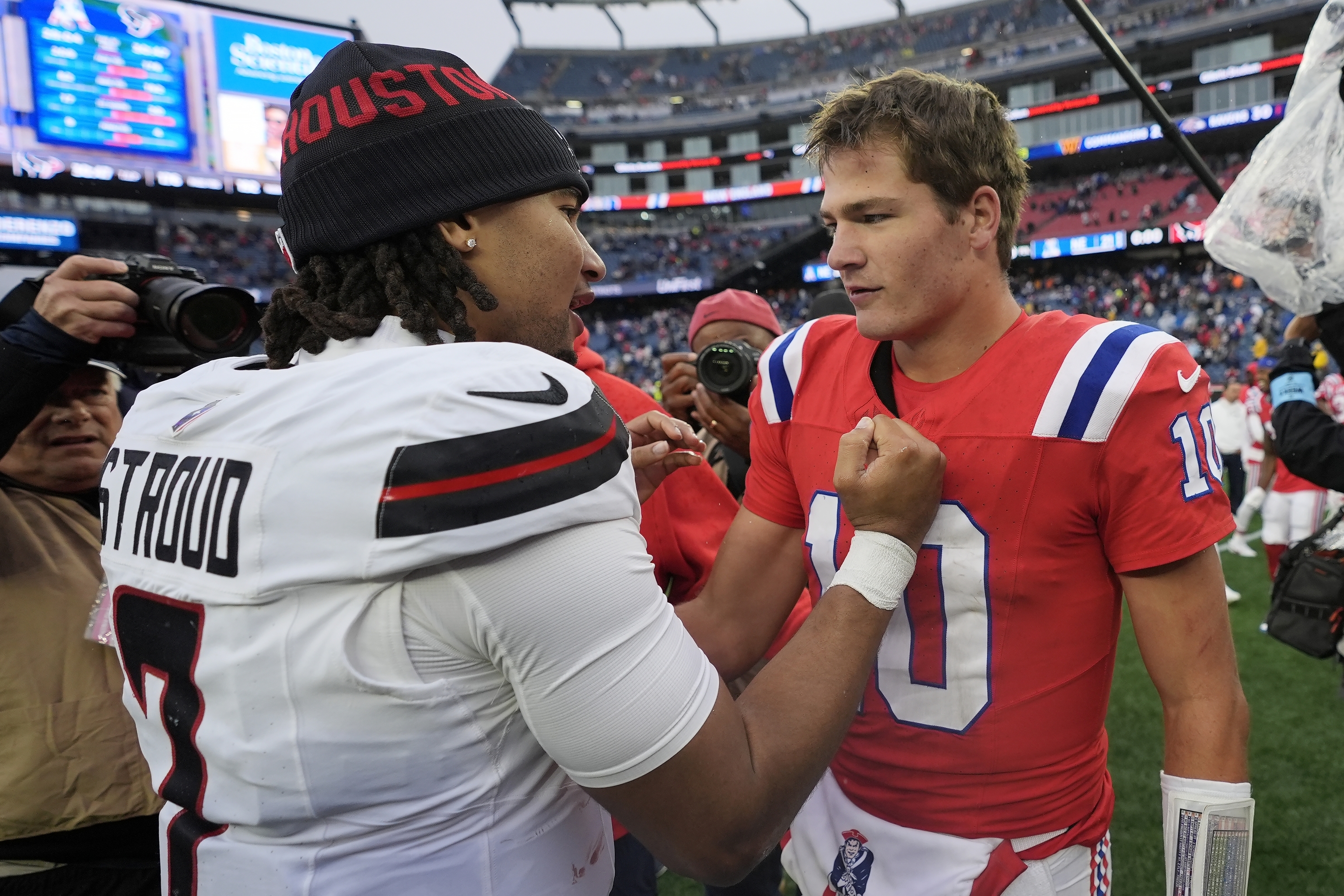 New England Patriots quarterback Drake Maye (10) and Houston Texans quarterback C.J. Stroud (7).