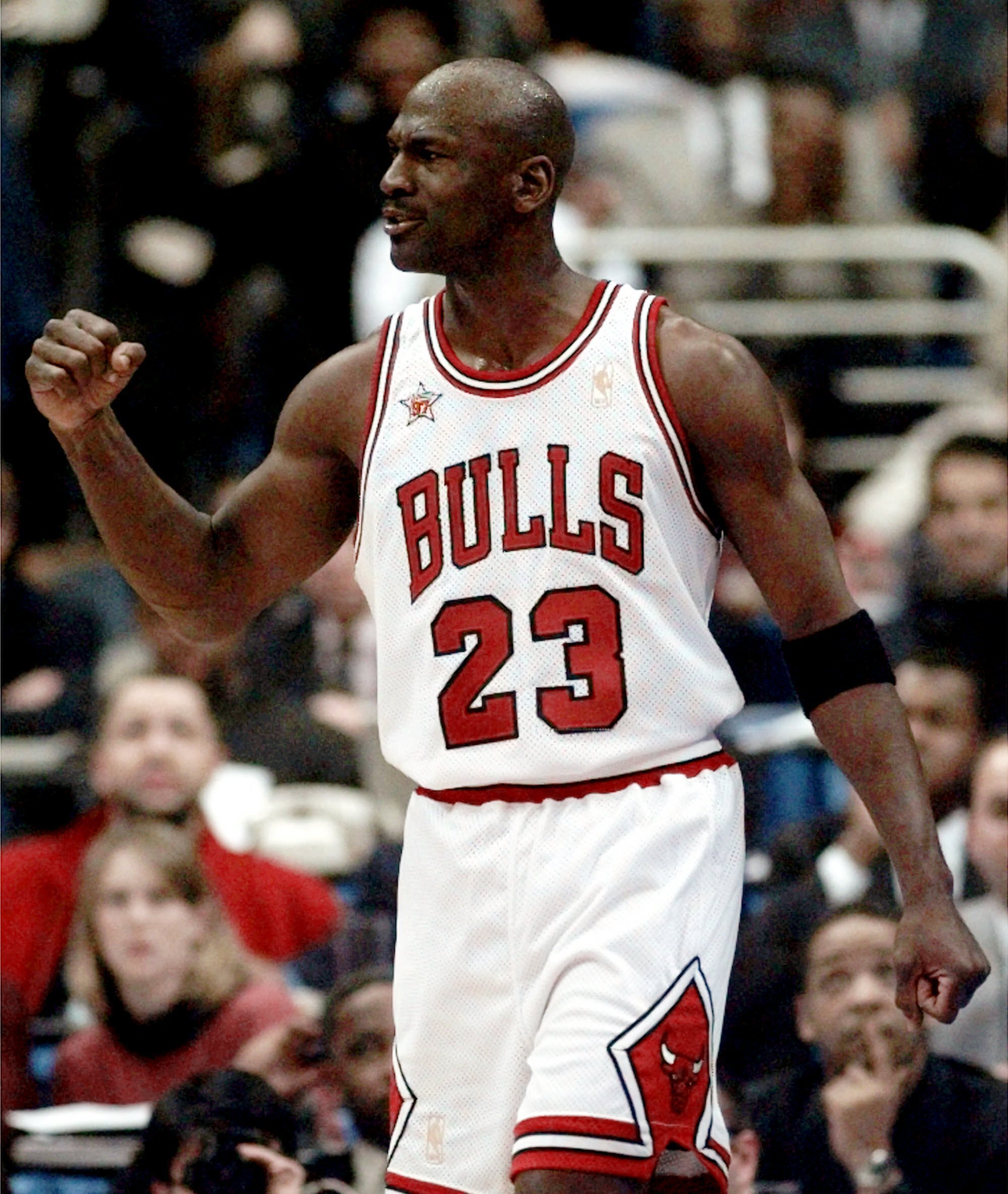 Michael Jordan reacts after making a play during the NBA All-Star game