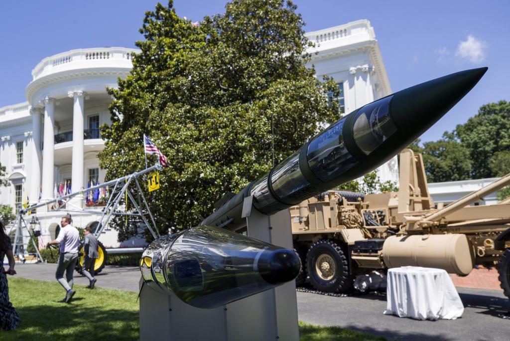 A Terminal High Altitude Area Defense (THAAD) anti-ballistic missile defense system is displayed during a Made in America showcase on the South Lawn of the White House