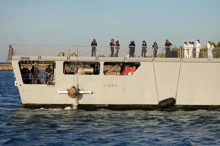 A ship with migrants arriving in Shengjin (Albania).