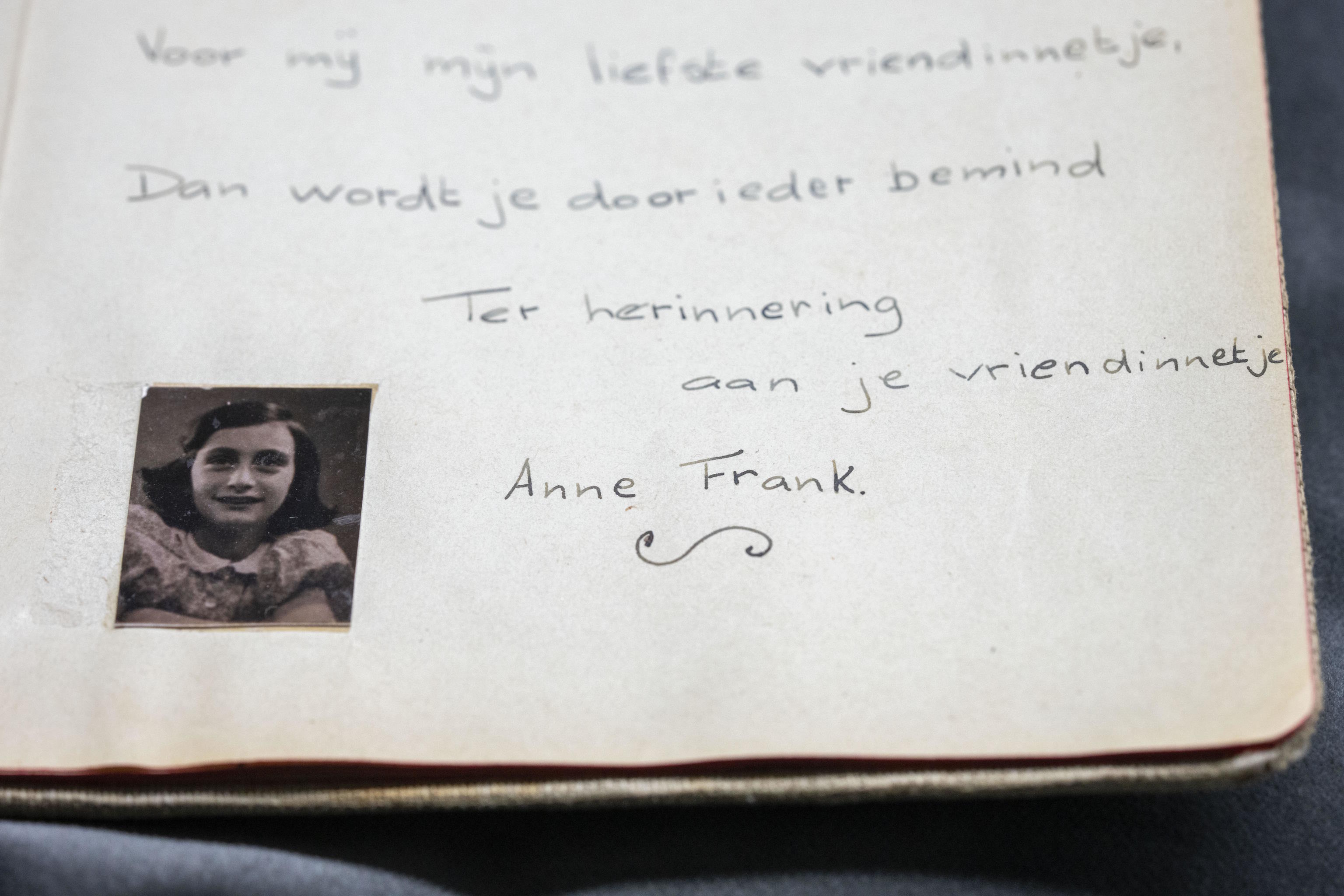 A friendship album with Anne Frank's writing is displayed in Amsterdam.