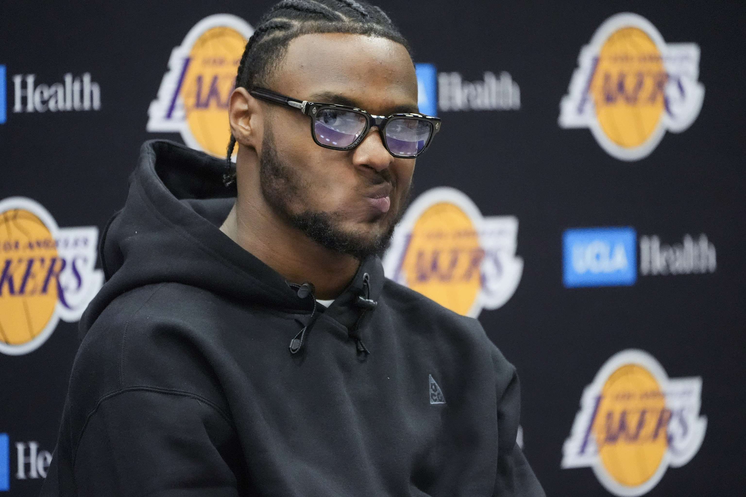 Bronny James takes questions from the media as he's introduced as the Los Angeles Lakers draft pick during the NBA basketball