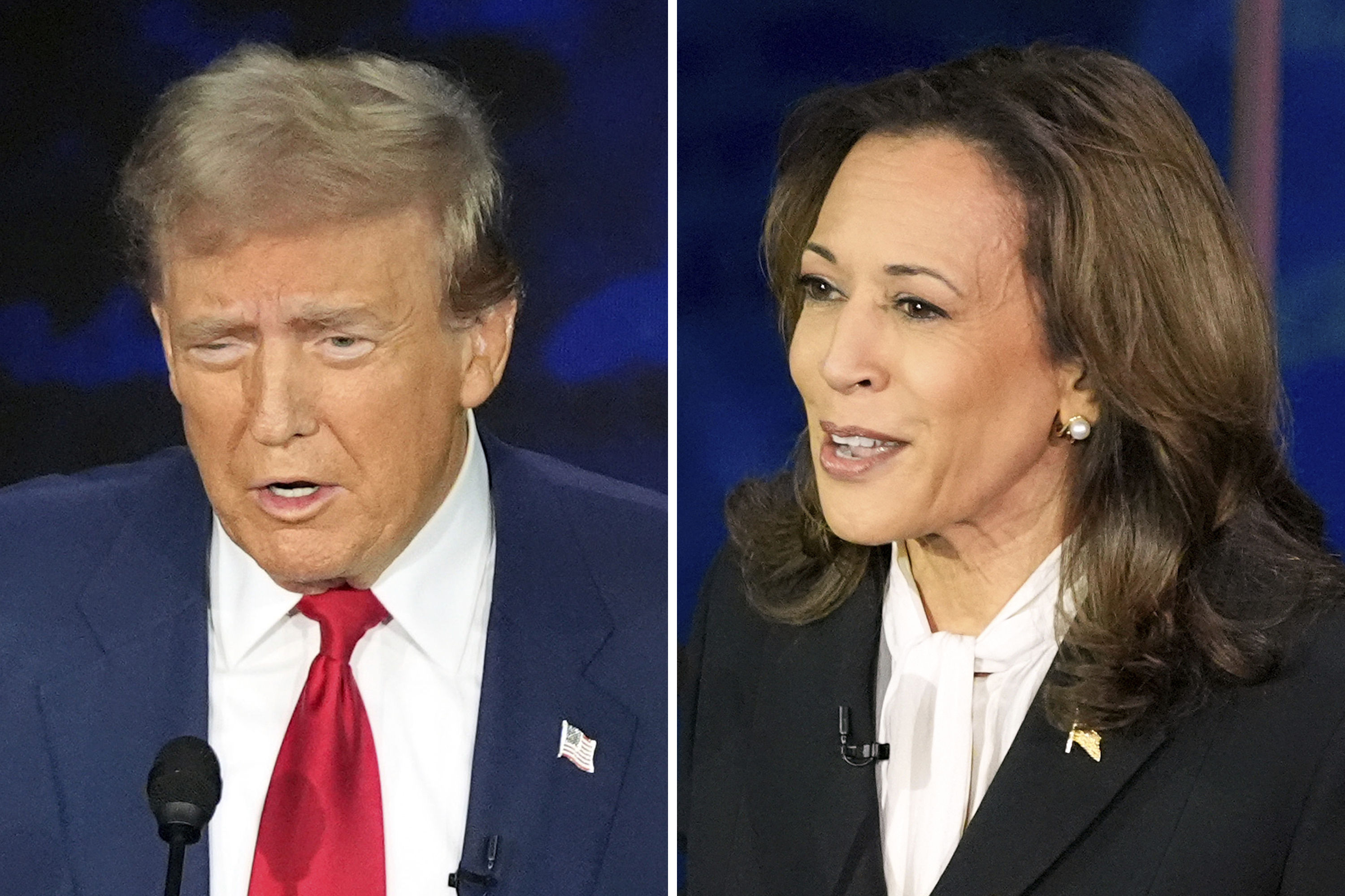 This combination of photos shows Republican presidential nominee former President Donald Trump, left, and Democratic presidential nominee Vice President Kamala Harris