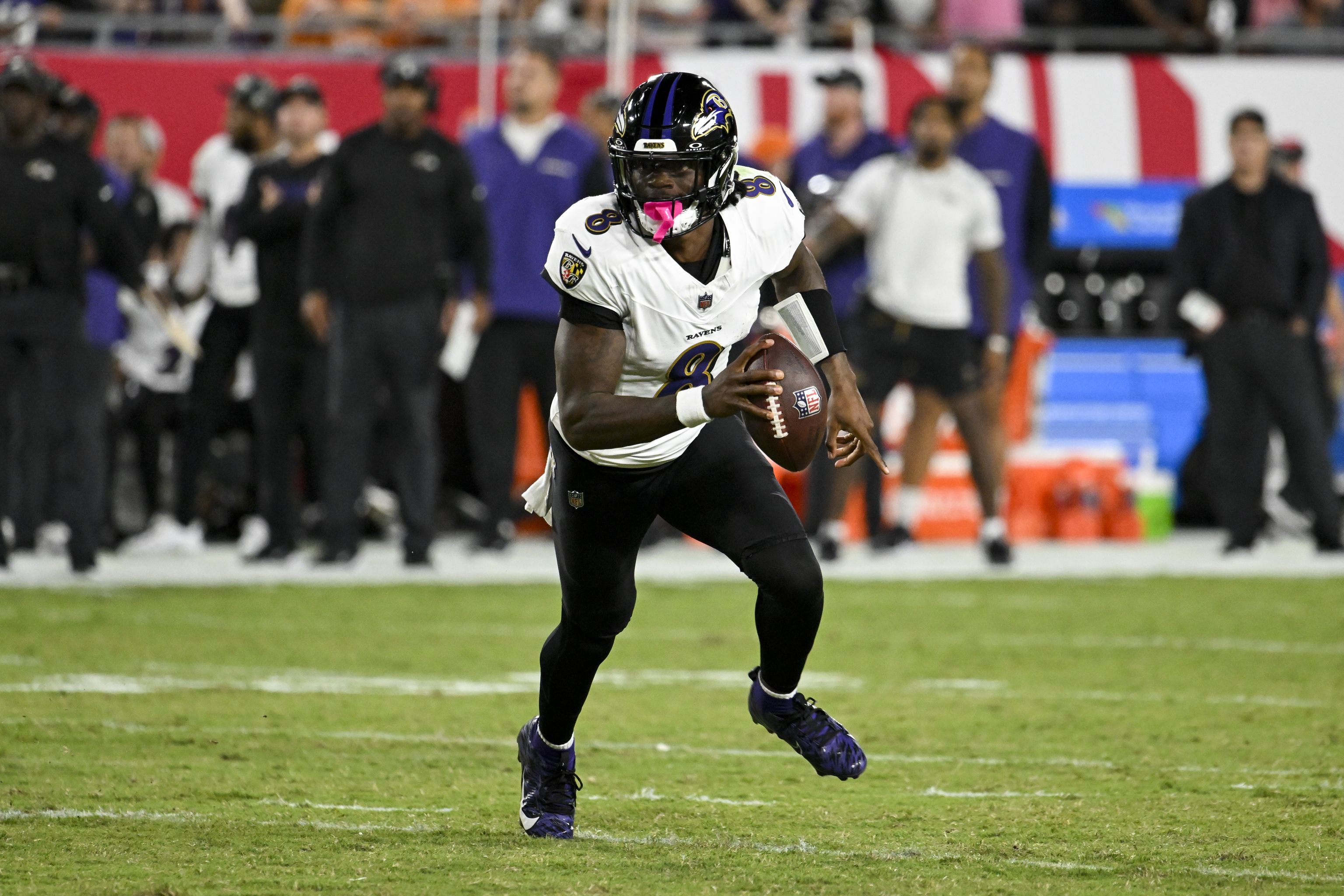 Lamar Jackson threw for 281 yards and five touchdowns, helping the Baltimore Ravens overcome an early double-digit deficit and extend their winning streak to five games with a 41-31 victory Monday night over the Tampa Bay Buccaneers, who lost their top two receivers to injuries.