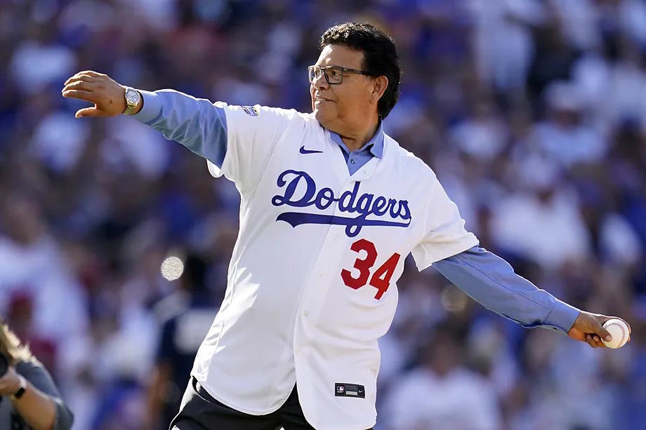 Valenzuela throws the ceremonial first pitch during the 2022 Major League.