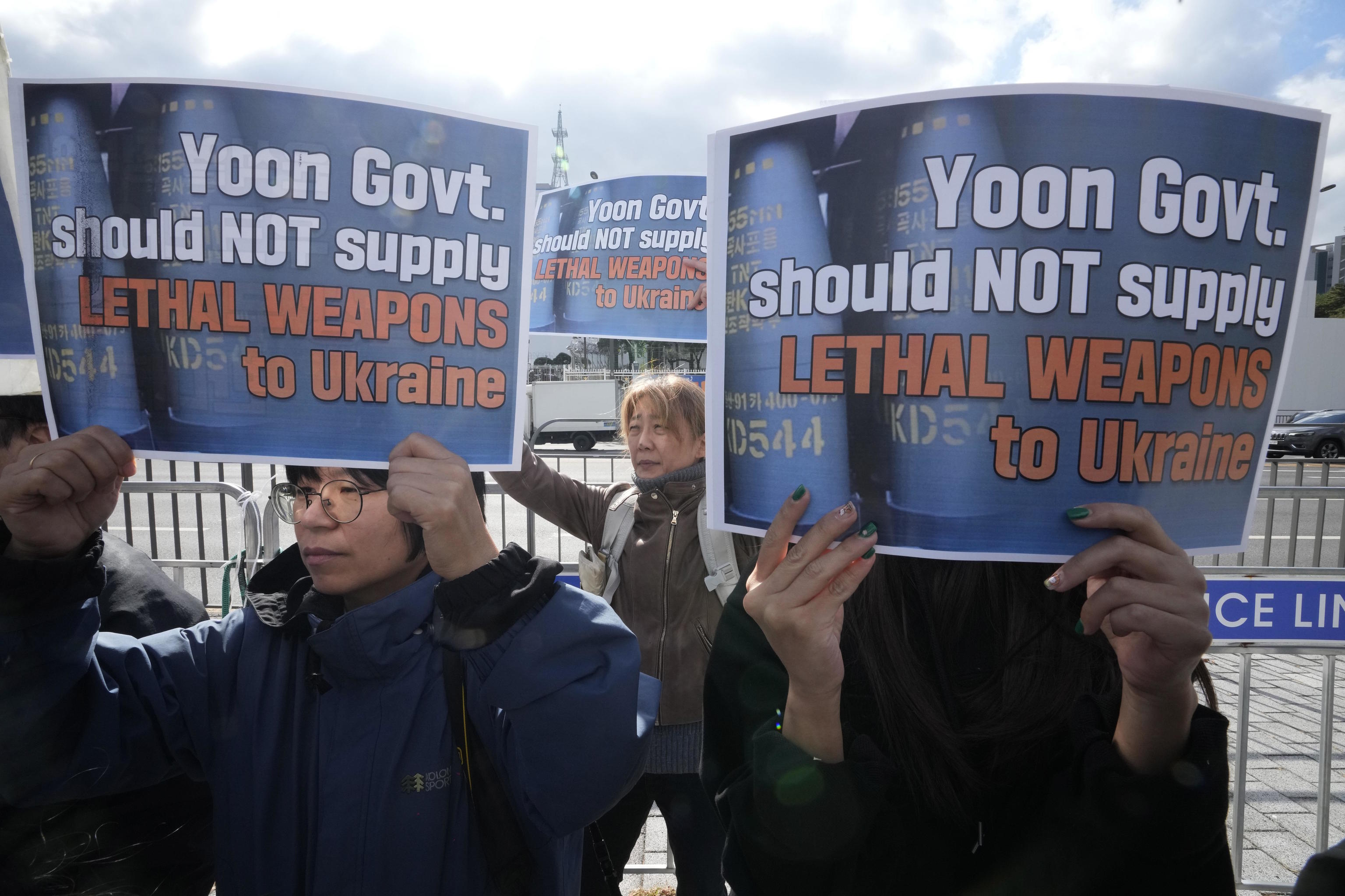 Protests in Seoul against government plans to supply lethal weapons to Ukraine.