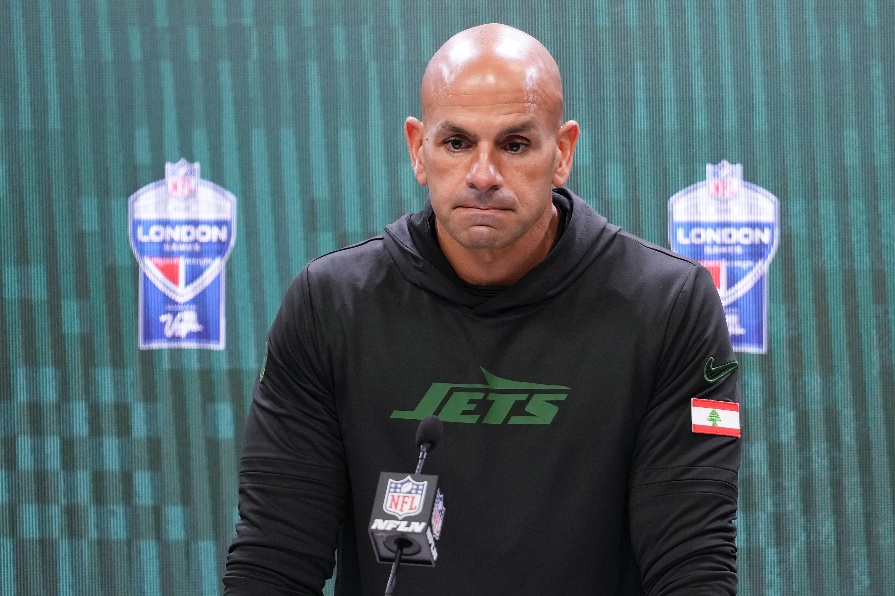 New York Jets head coach Robert Saleh talks to reporters.