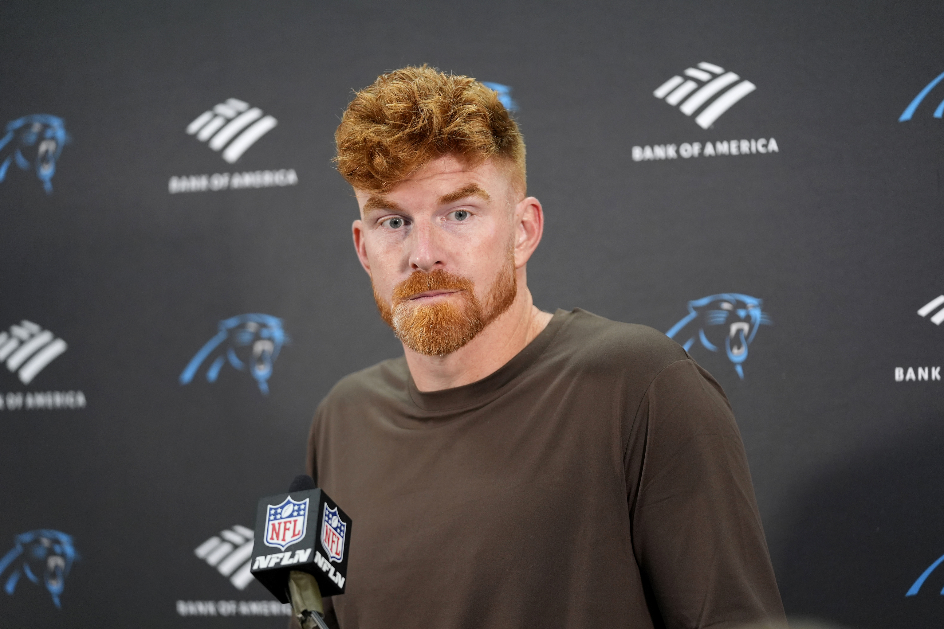 Carolina QB Andy Dalton attends press conference.