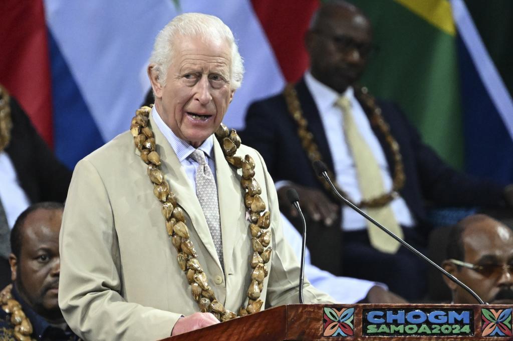 Britain's King Charles III delivers a speech during the opening ceremony for the Commonwealth Heads of Government Meeting