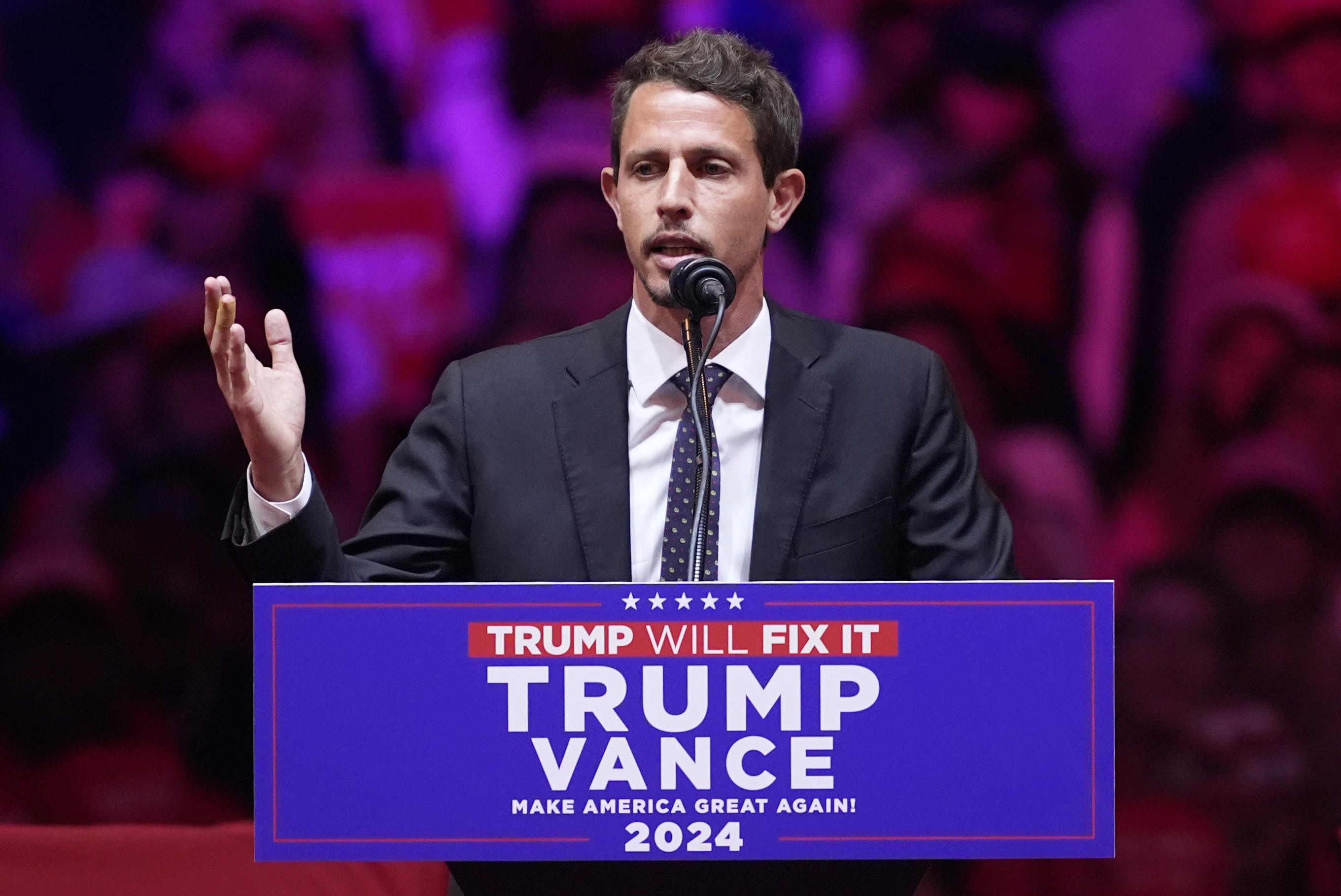 US comedian Tony Hinchcliffe speaks during a campaign rally for Trump.