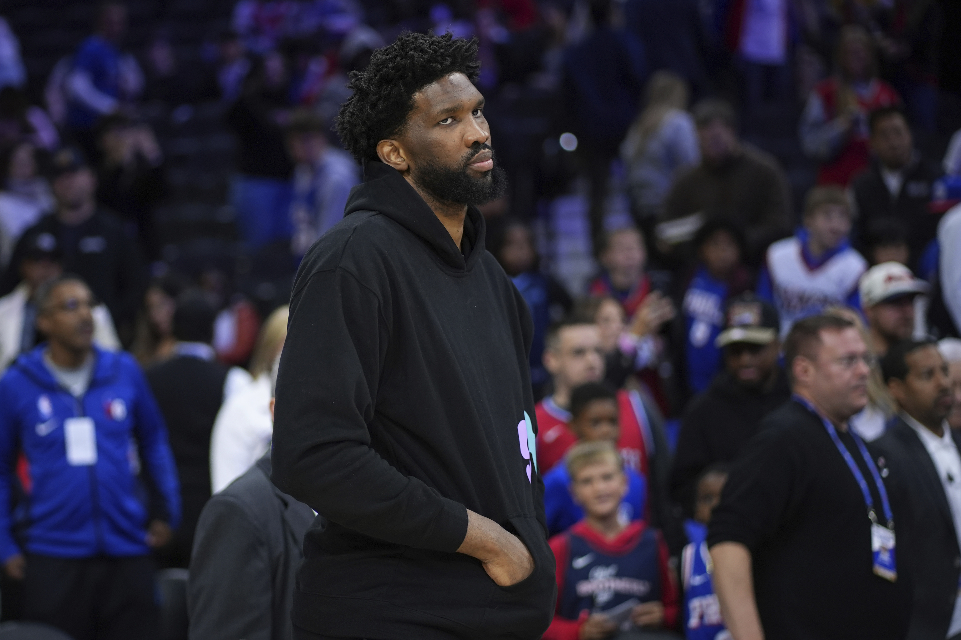 Philadelphia 76ers' Joel Embiid looks over the court after an NBA basketball.