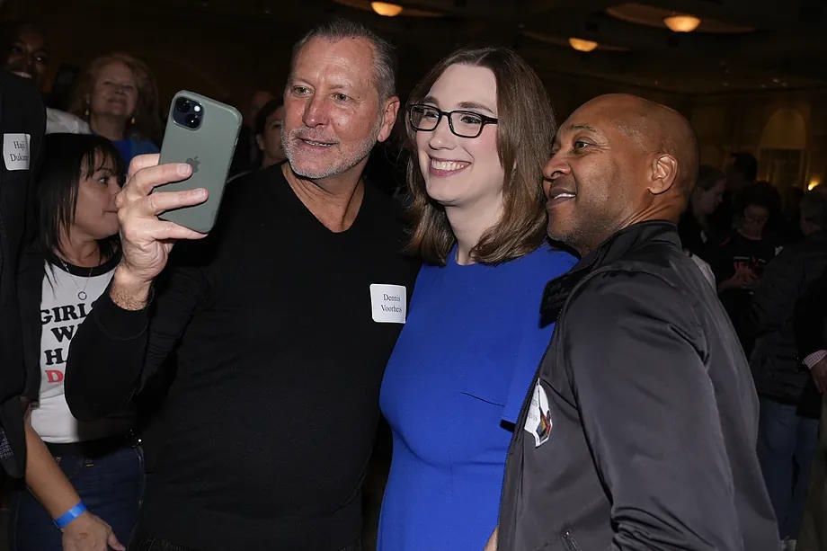 Sarah McBride takes a selfie on election night.