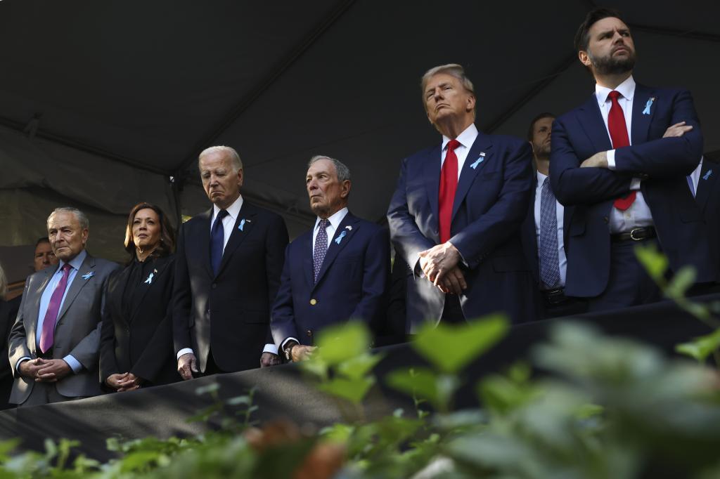 Democratic presidential nominee Vice President Kamala Harris, President Joe Biden, Michael Bloomberg, Republican presidential nominee former President Donald Trump and Republican vice presidential nominee Sen. JD Vance, R-Ohio