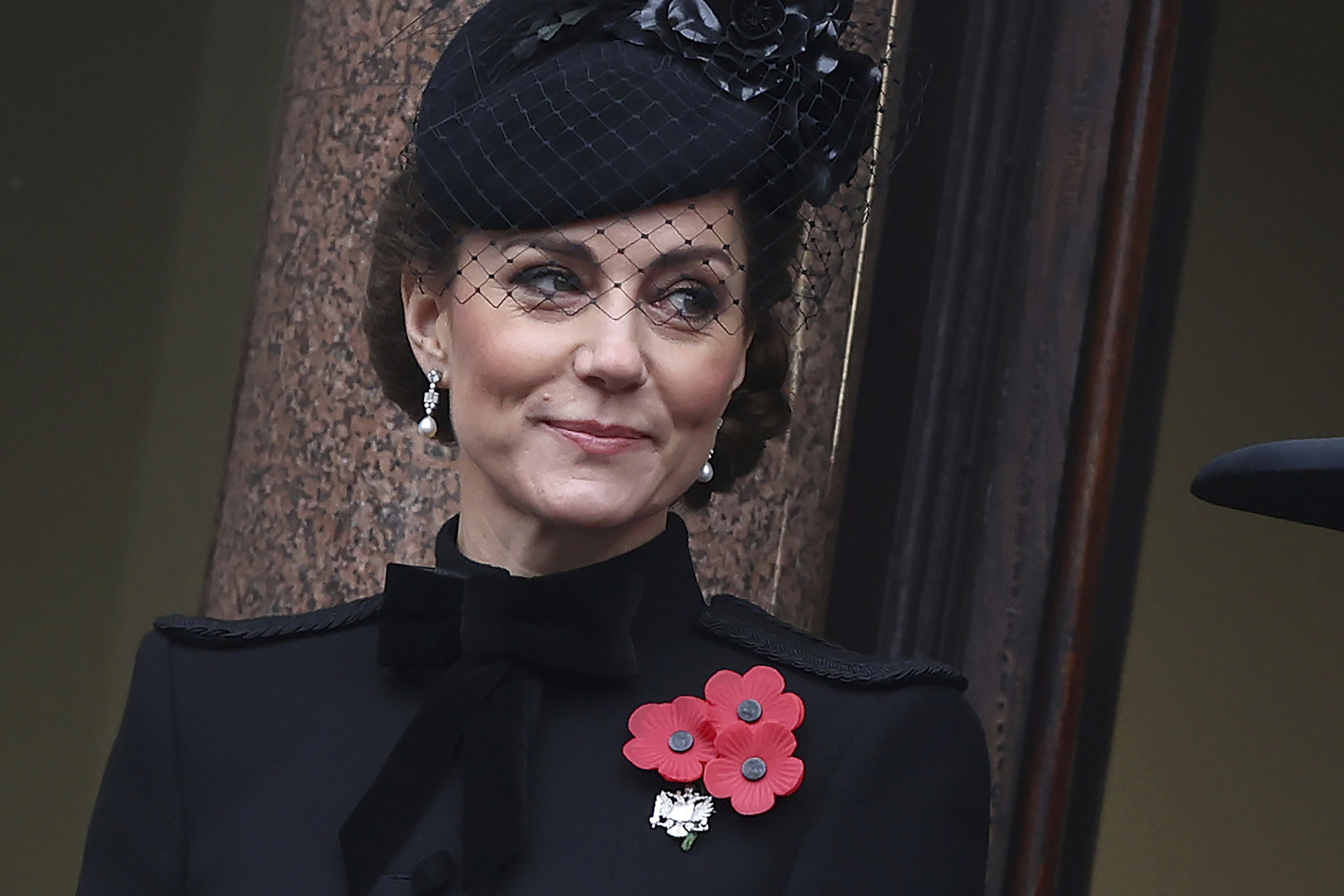 Britain's Kate, Princess of Wales, stands on a balcony during the National Service of Remembrance at The Cenotaph in London.